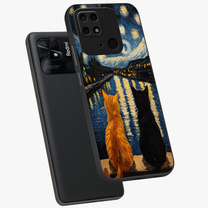 Starry River Cats Glass Case displayed in angled mockup highlighting charming feline illustration with dreamy night aesthetic.