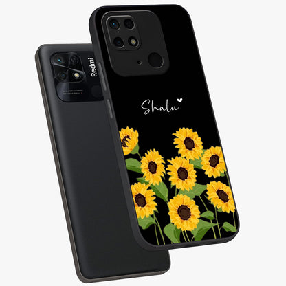 Sunflower Chic Mood Custom Name Glass Case displayed in angled mockup highlighting vibrant sunflower design with custom name feature.