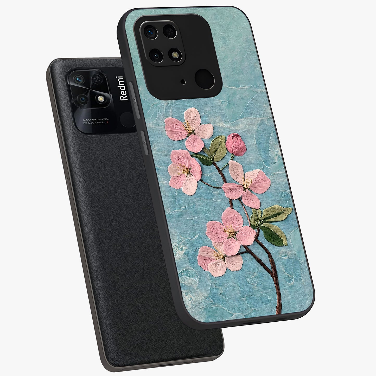 Threaded Blossom Breeze Glass Case displayed in angled mockup highlighting elegant floral design with soft aesthetic style.