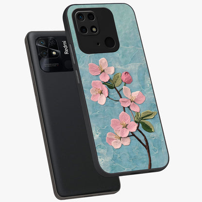 Threaded Blossom Breeze Glass Case displayed in angled mockup highlighting elegant floral design with soft aesthetic style.