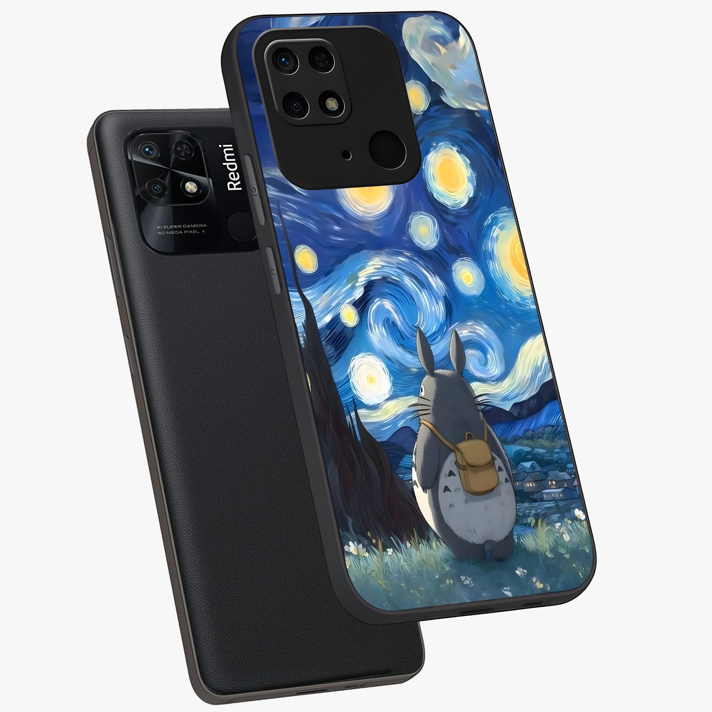 Totoro In Van Gogh Art Glass Case displayed in angled mockup highlighting artistic swirling sky design with playful animation aesthetic.