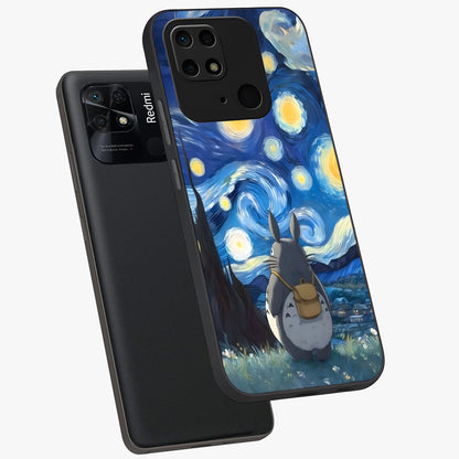 Totoro In Van Gogh Art Glass Case displayed in angled mockup highlighting artistic swirling sky design with playful animation aesthetic.