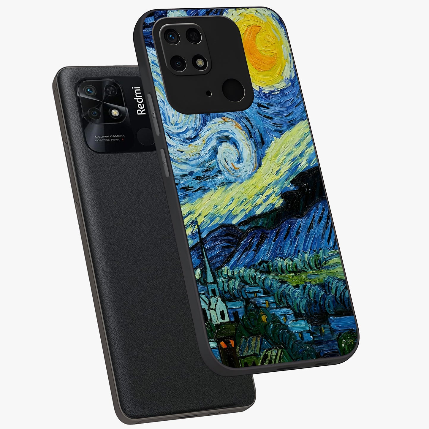 Van Gogh Art Glass Case displayed in angled mockup highlighting swirling brushstroke design with artistic aesthetic.