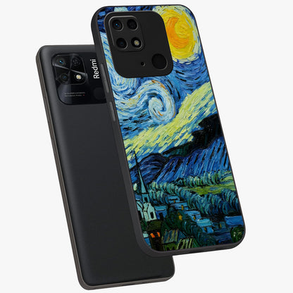 Van Gogh Art Glass Case displayed in angled mockup highlighting swirling brushstroke design with artistic aesthetic.