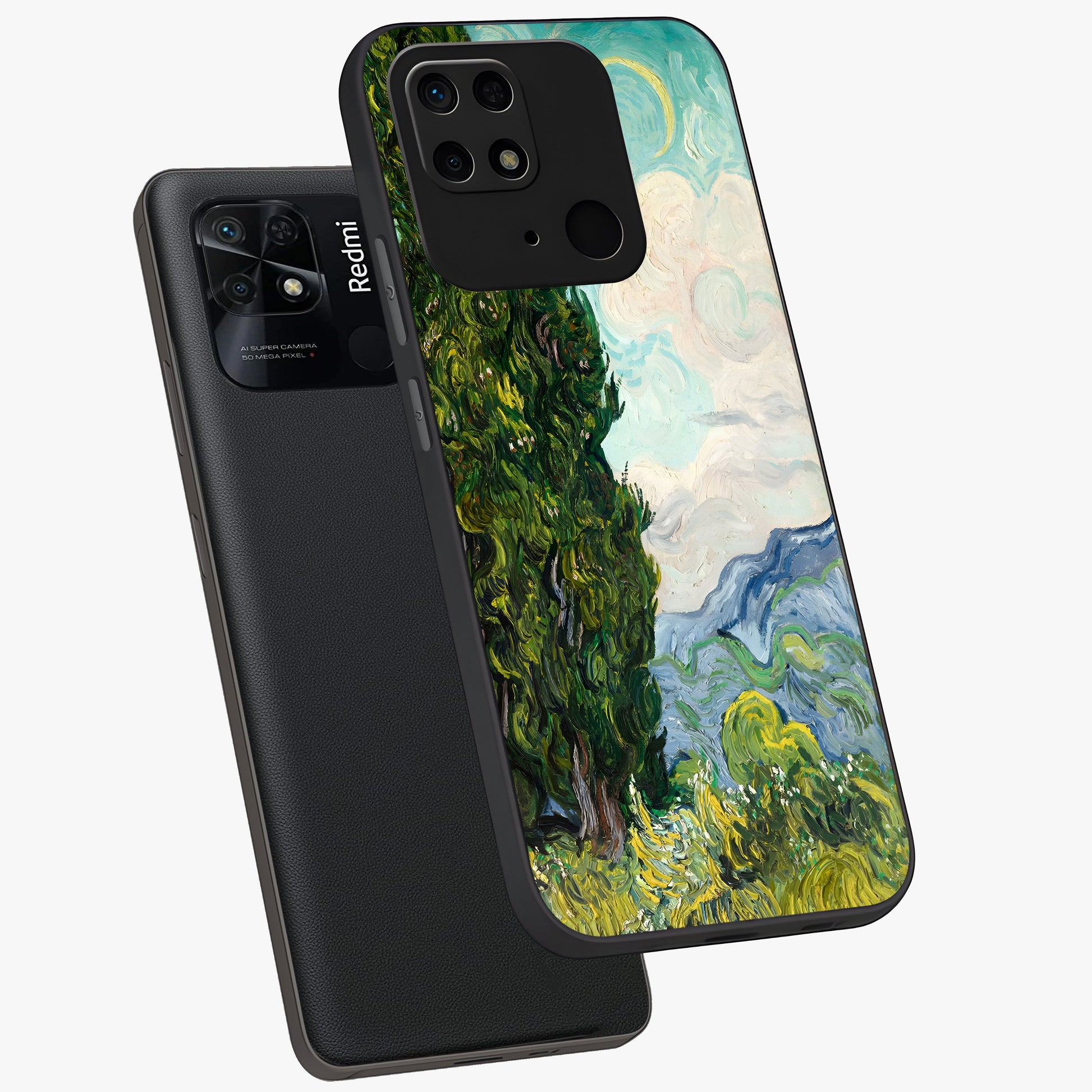 Van Gogh Vintage Art Glass Case displayed in angled mockup highlighting textured brushstroke design with classic aesthetic.