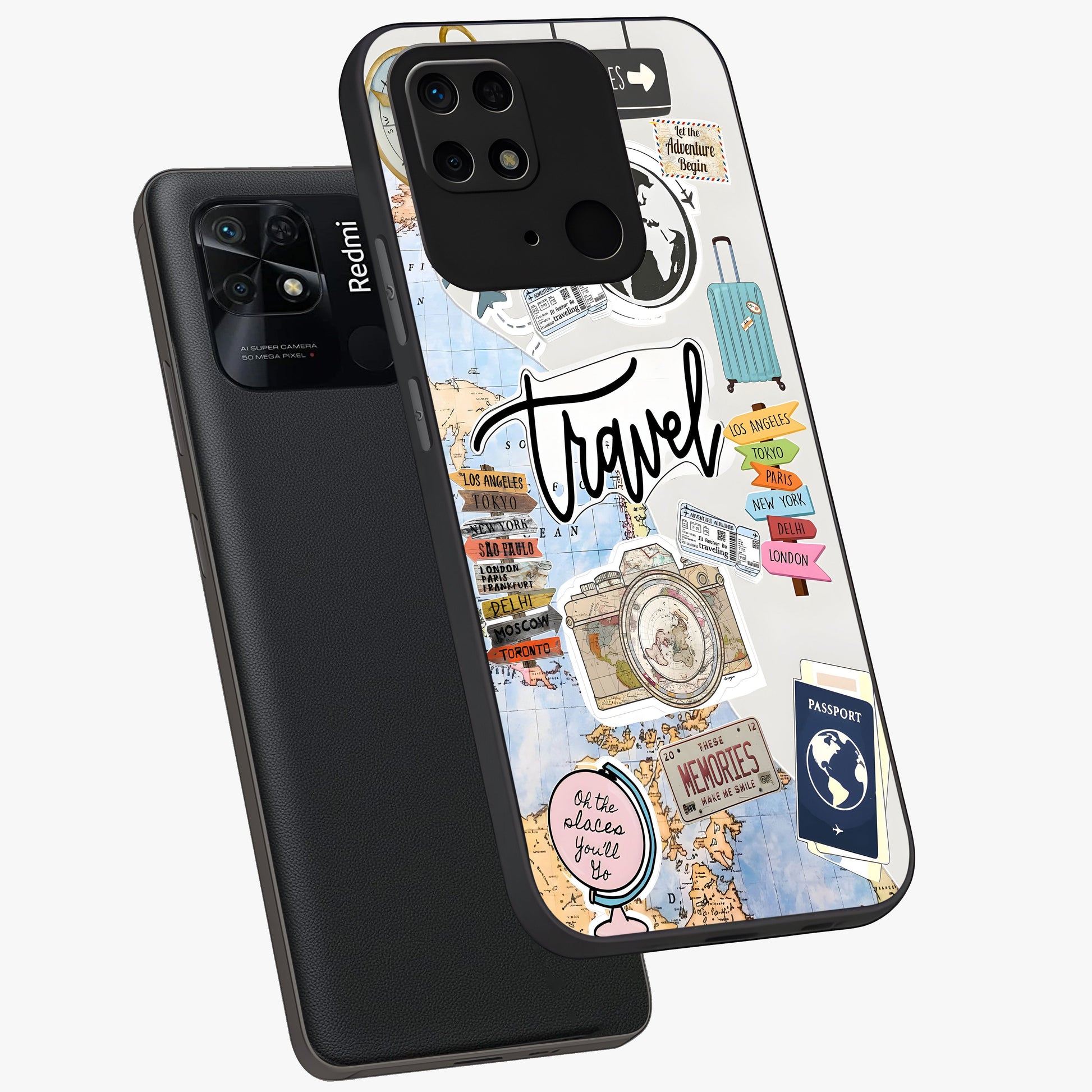 Wanderlust Journal Glass Case displayed in angled mockup highlighting adventure themed design with aesthetic travel vibe.