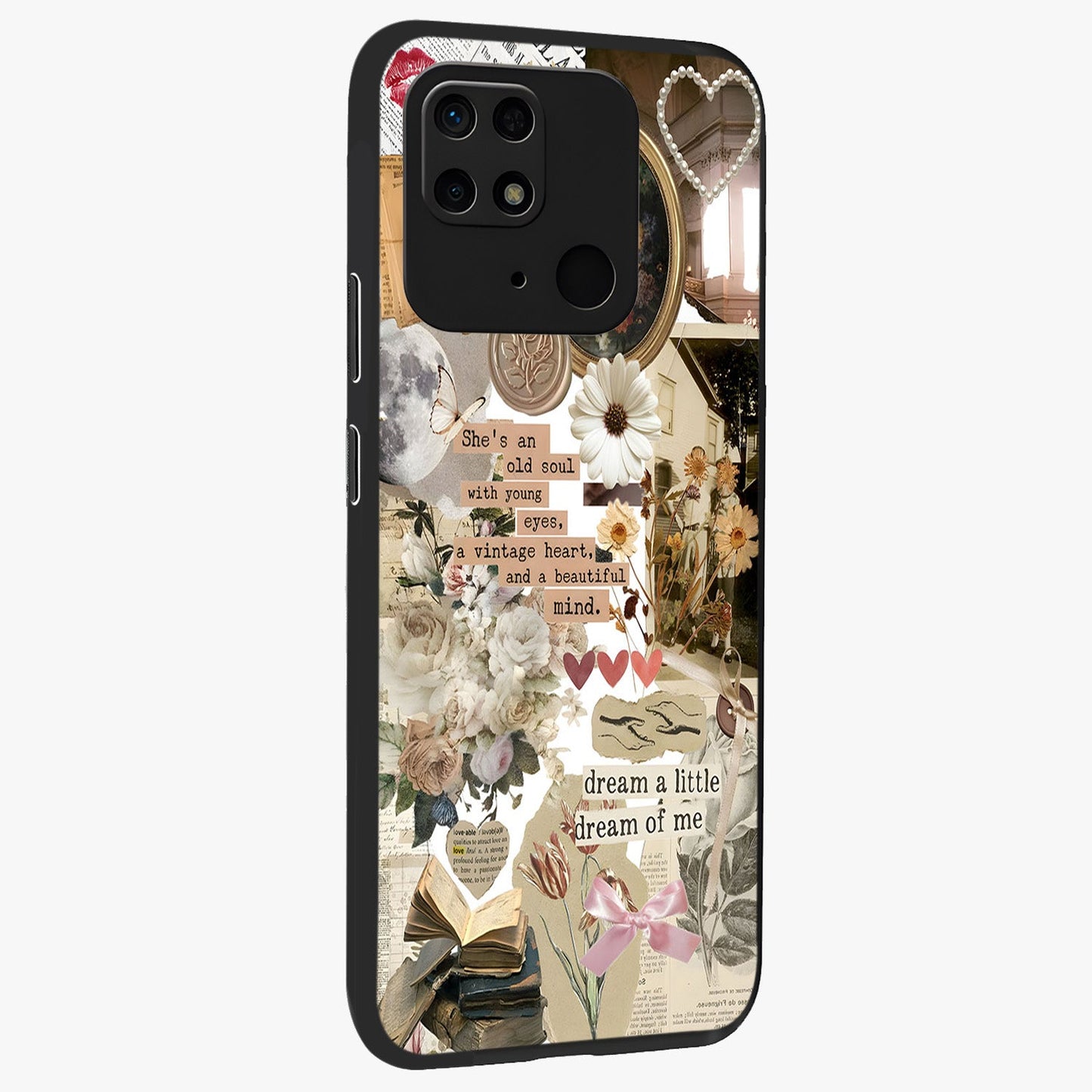 Aesthetic Brown Vintage Collage Glass Case upright view showcasing nostalgic retro artwork with stylish vintage theme.
