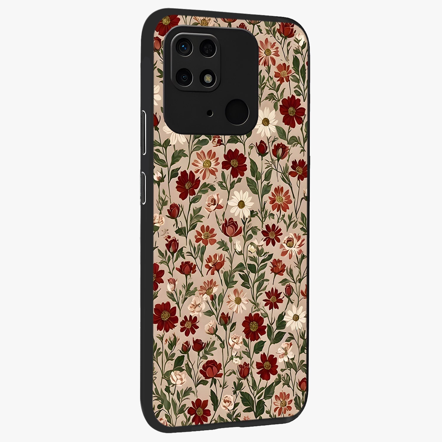 Biege Flower With Leaf Glass Case upright view showcasing delicate beige flower illustration with clean botanical style.