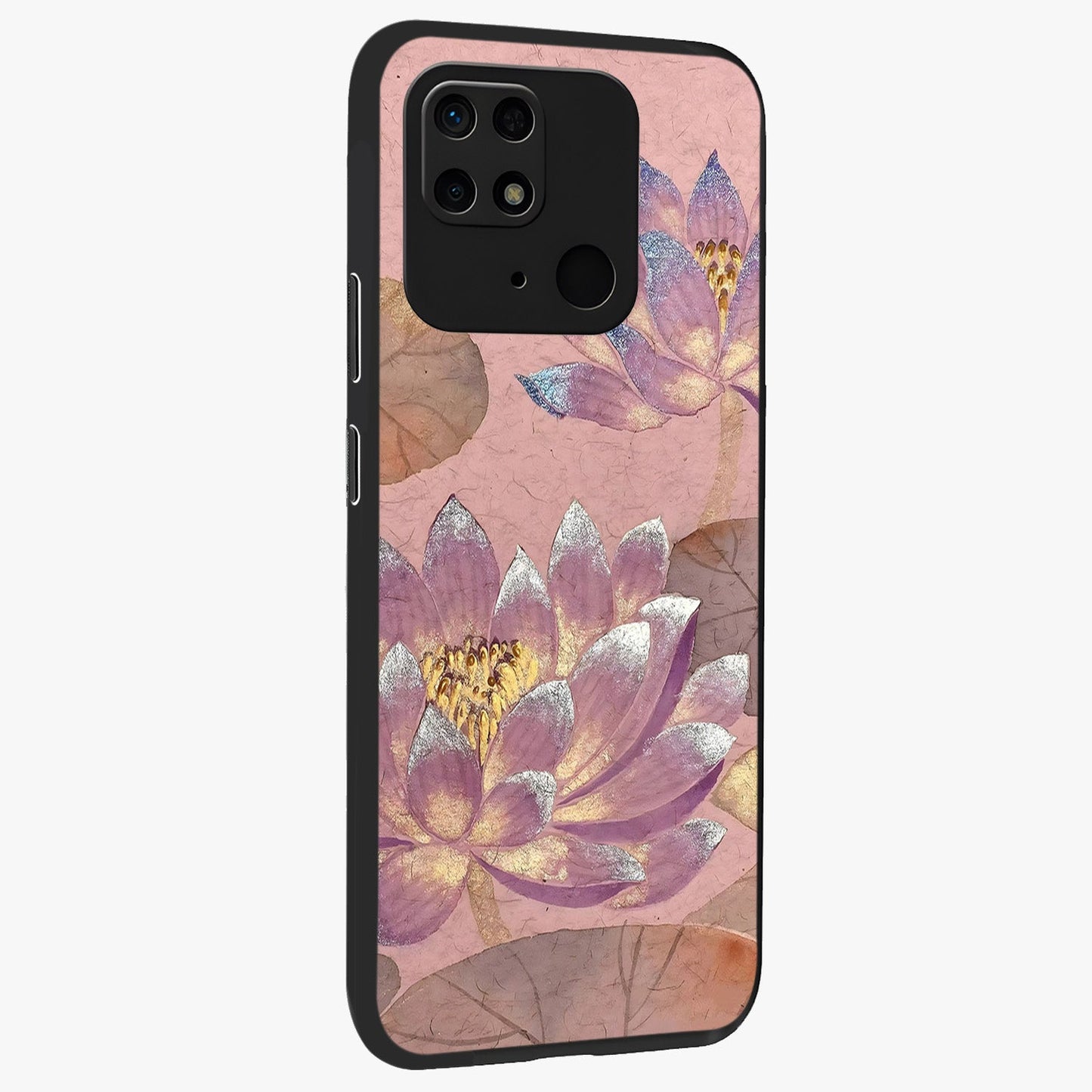 Blossom Mist Lotus Glass Case upright view showcasing graceful lotus flower design with peaceful botanical style.