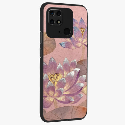 Blossom Mist Lotus Glass Case upright view showcasing graceful lotus flower design with peaceful botanical style.
