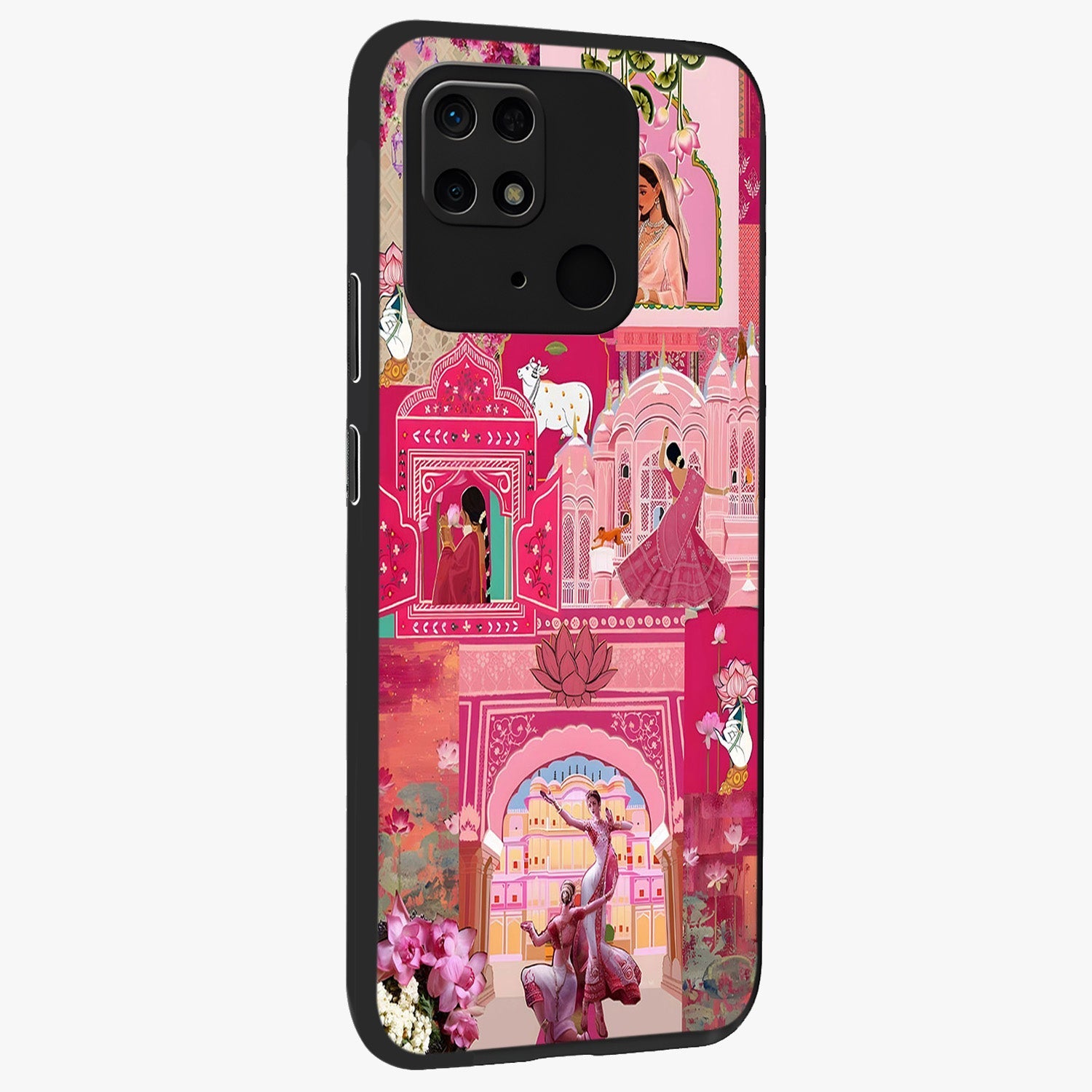 Blossoms of Rajasthan Glass Case upright view showcasing colorful floral design inspired by traditional Indian art.