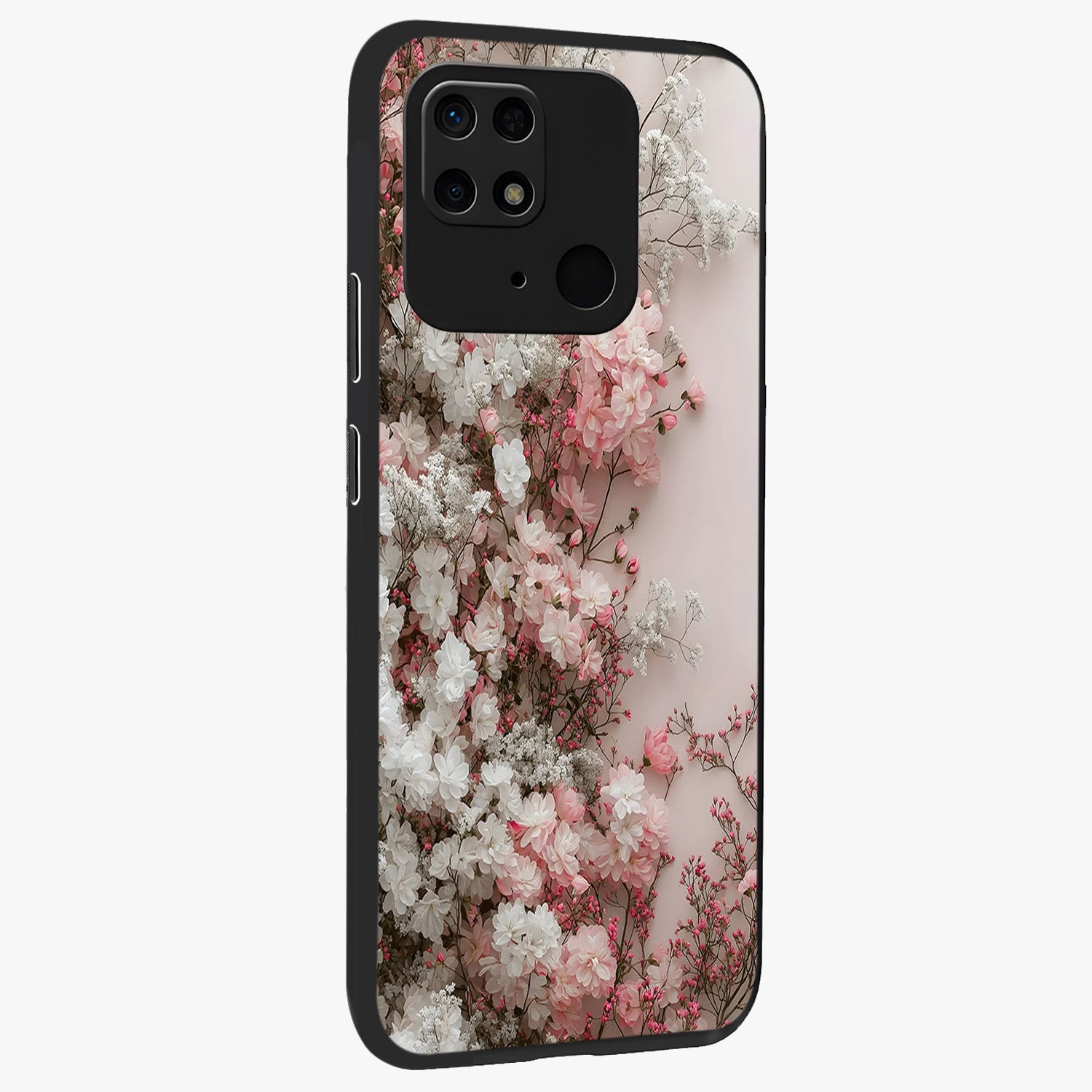 Blush Blossom Cloud Glass Case upright view showcasing calm floral cloud artwork with gentle dreamy theme.