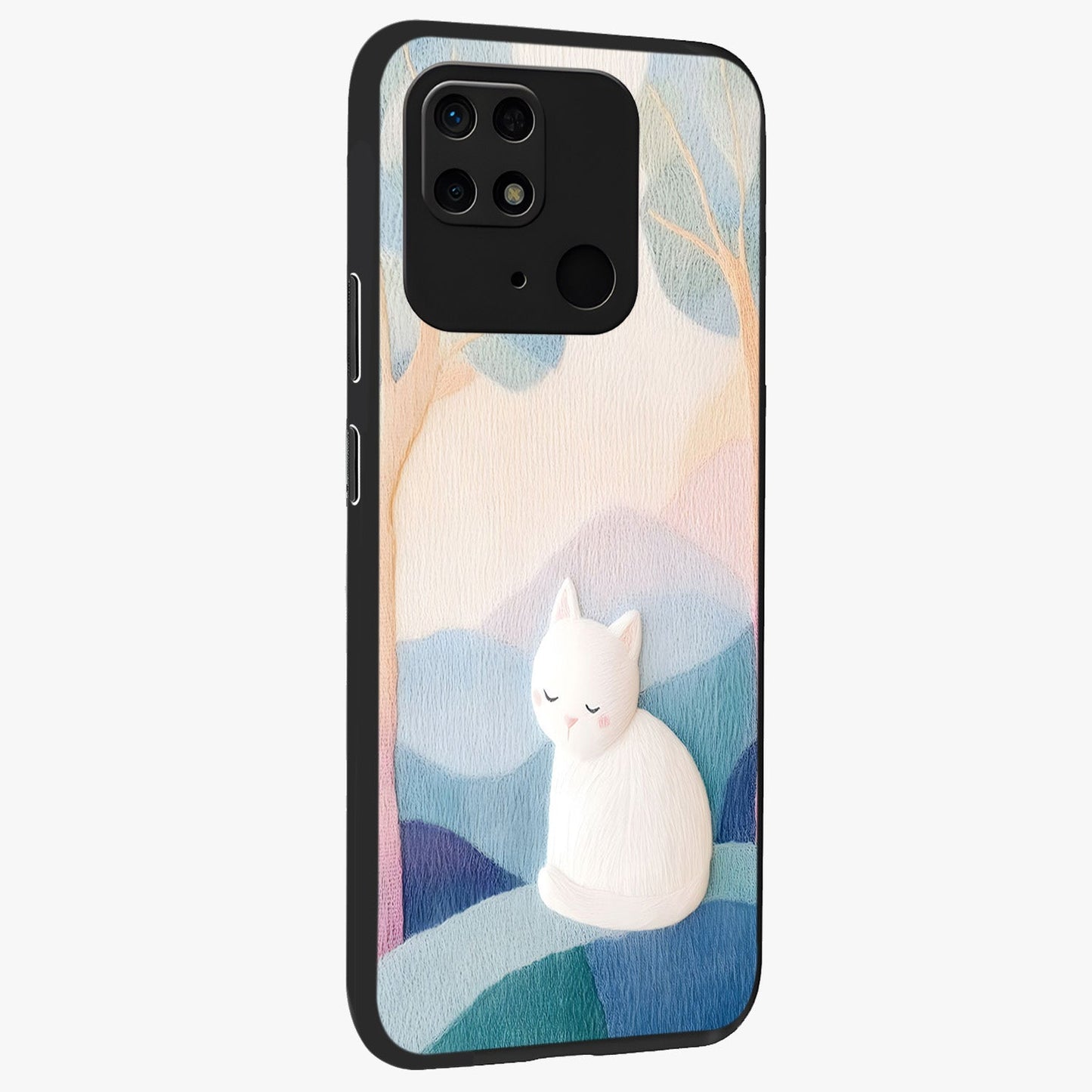 Cotton Dream Cat Glass Case upright view showcasing charming cat artwork with cozy dreamy theme.