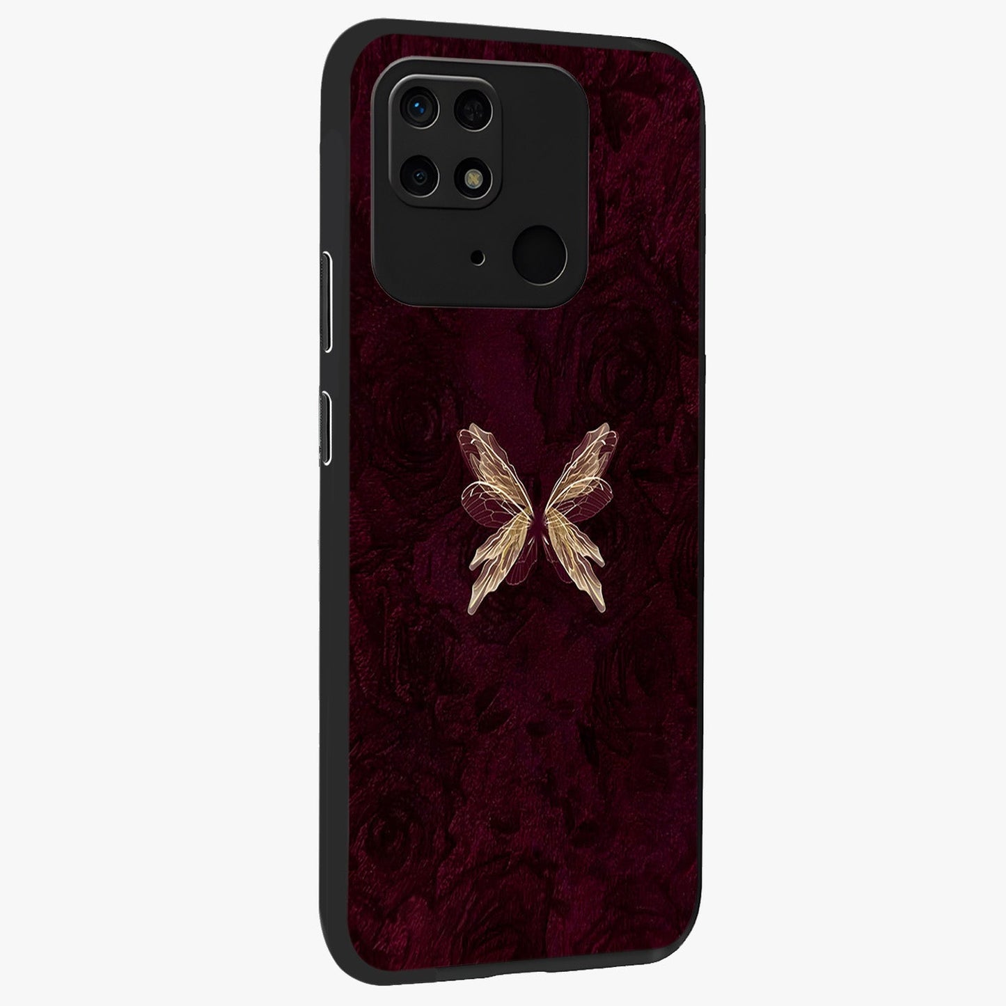 Crimson Fade Butterfly Glass Case upright view showcasing graceful butterfly artwork with soft crimson fade effect.