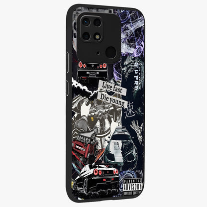 Die Young Glass Case upright view showcasing striking typography artwork with modern statement theme.