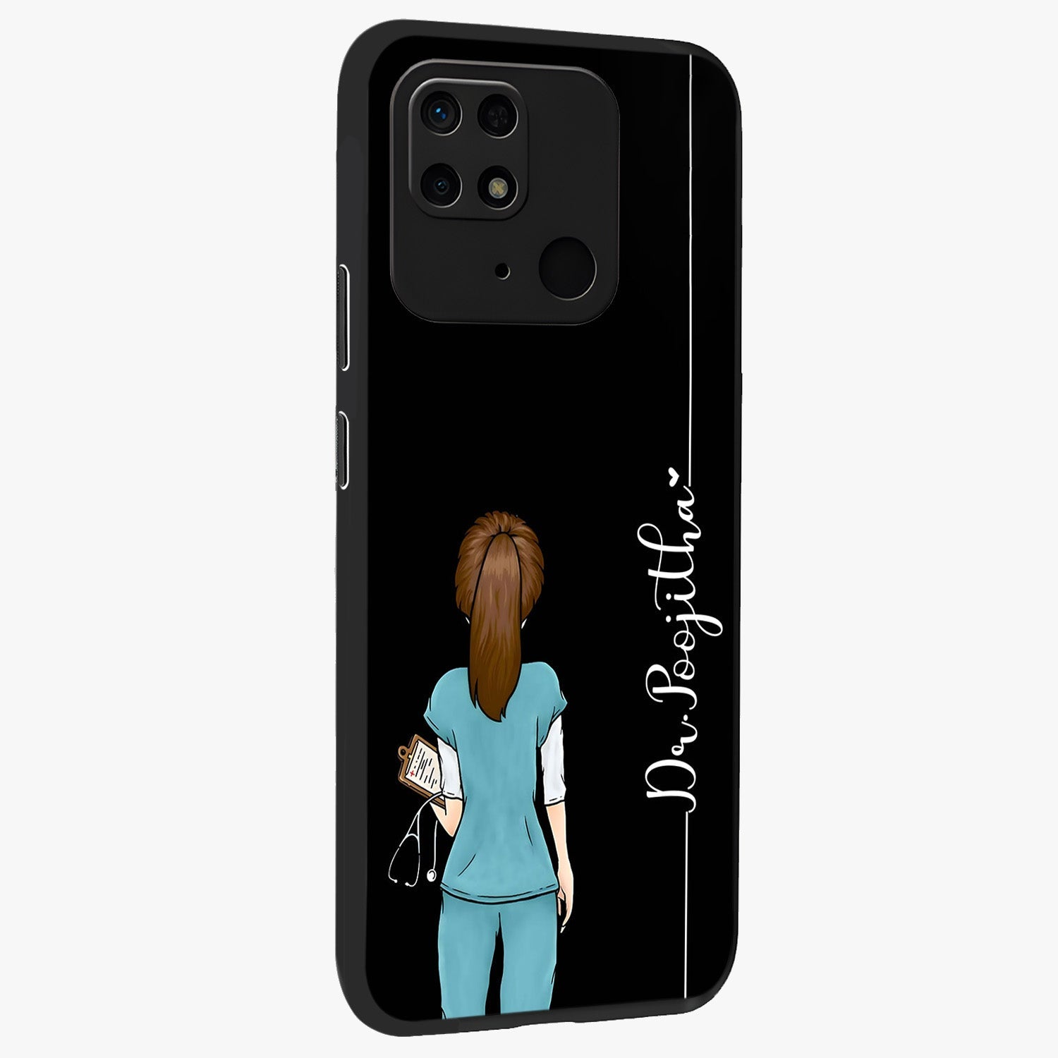 Doctor Pattern Custom Name Glass Case upright view showcasing healthcare themed design with personalized aesthetic.