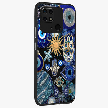 Evil Eye Charm Mix Glass Case upright view showcasing mystical evil eye pattern with vibrant decorative style.