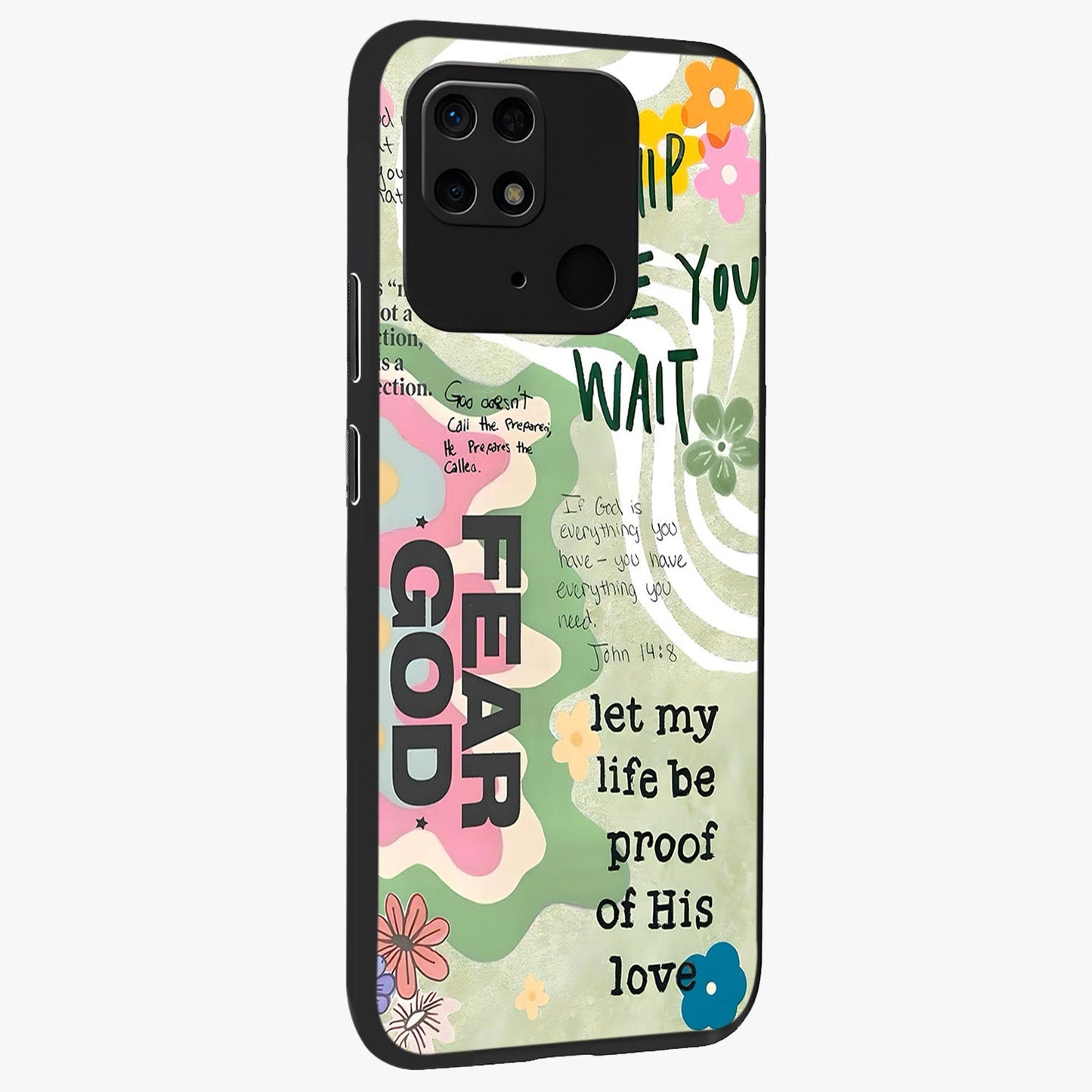 Faith Over Fear Glass Case upright view showcasing bold typography artwork with uplifting motivational theme.