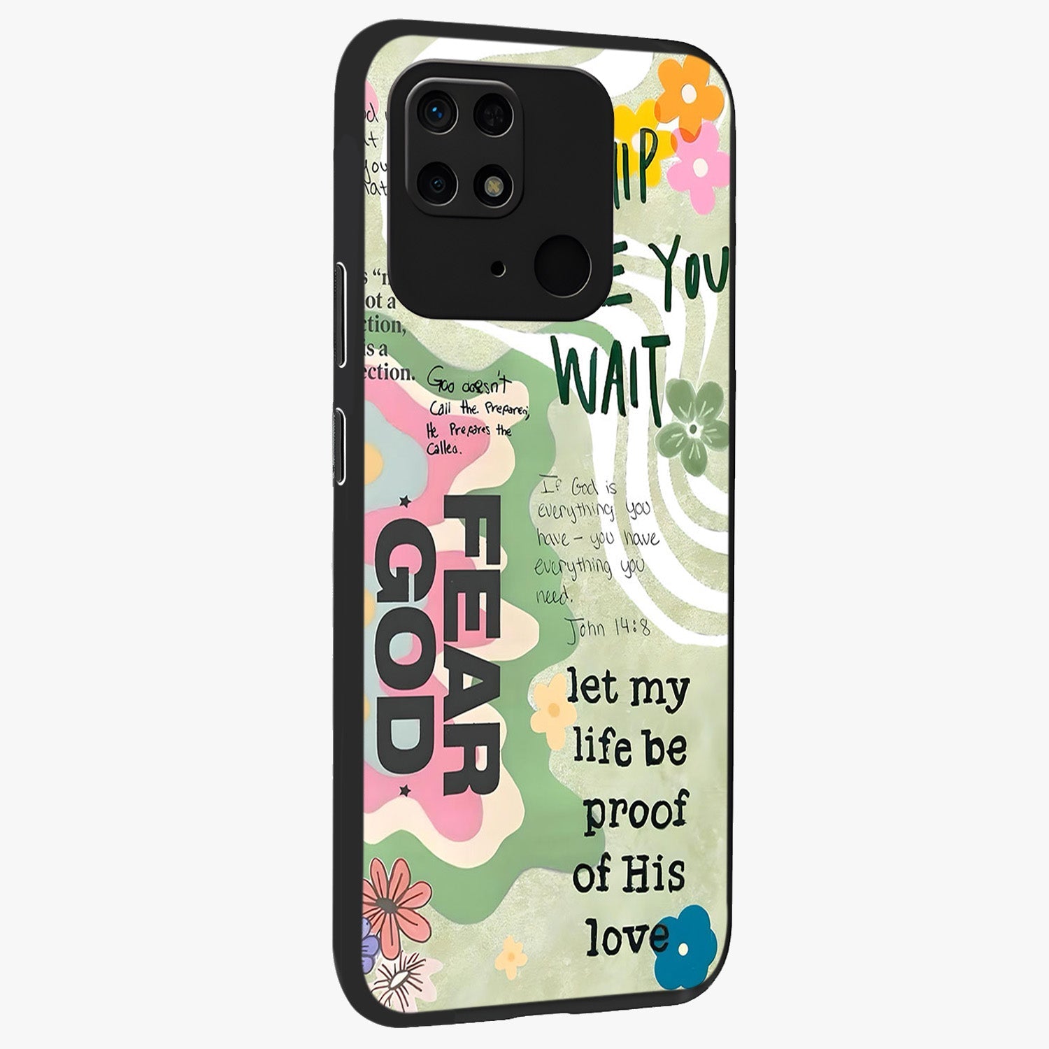 Faith Over Fear Glass Case upright view showcasing bold typography artwork with uplifting motivational theme.
