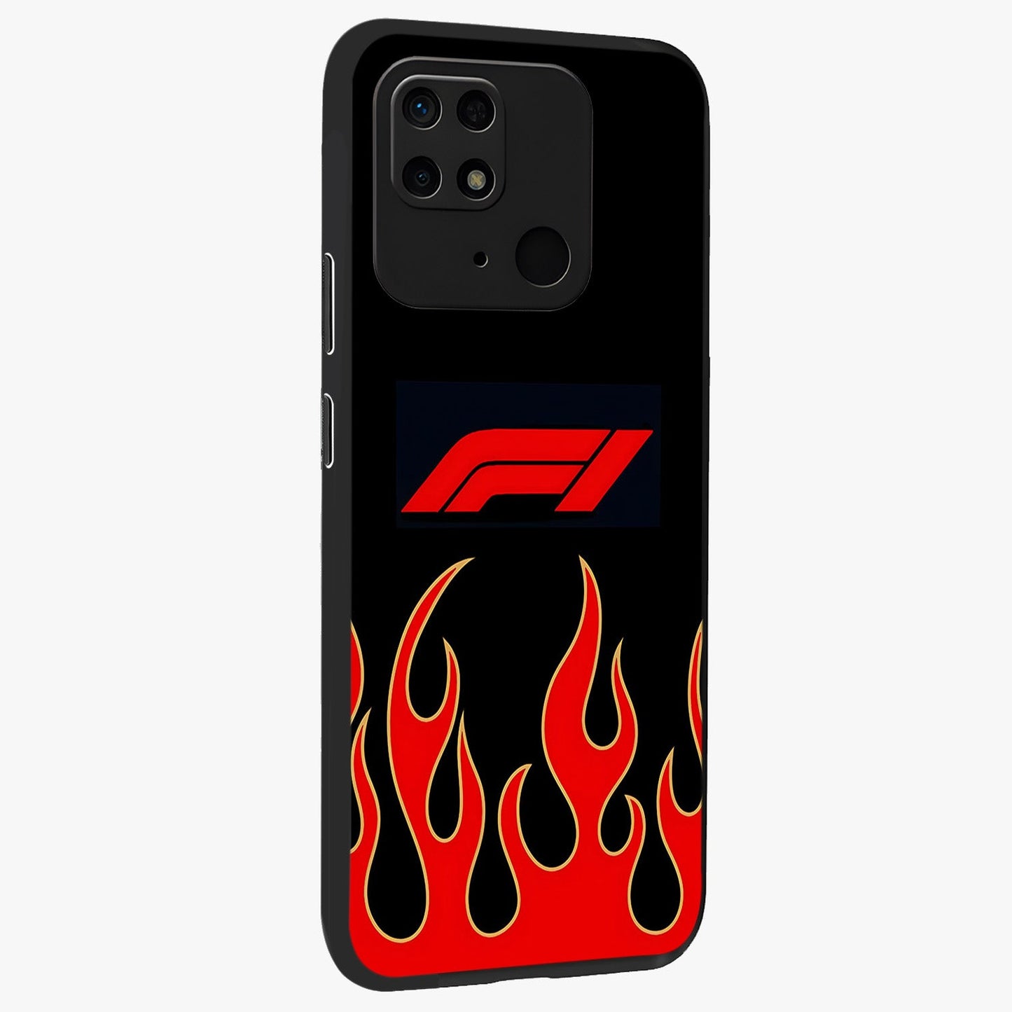 Fire F11 Glass Case upright view showcasing dynamic flame artwork with intense visual theme.