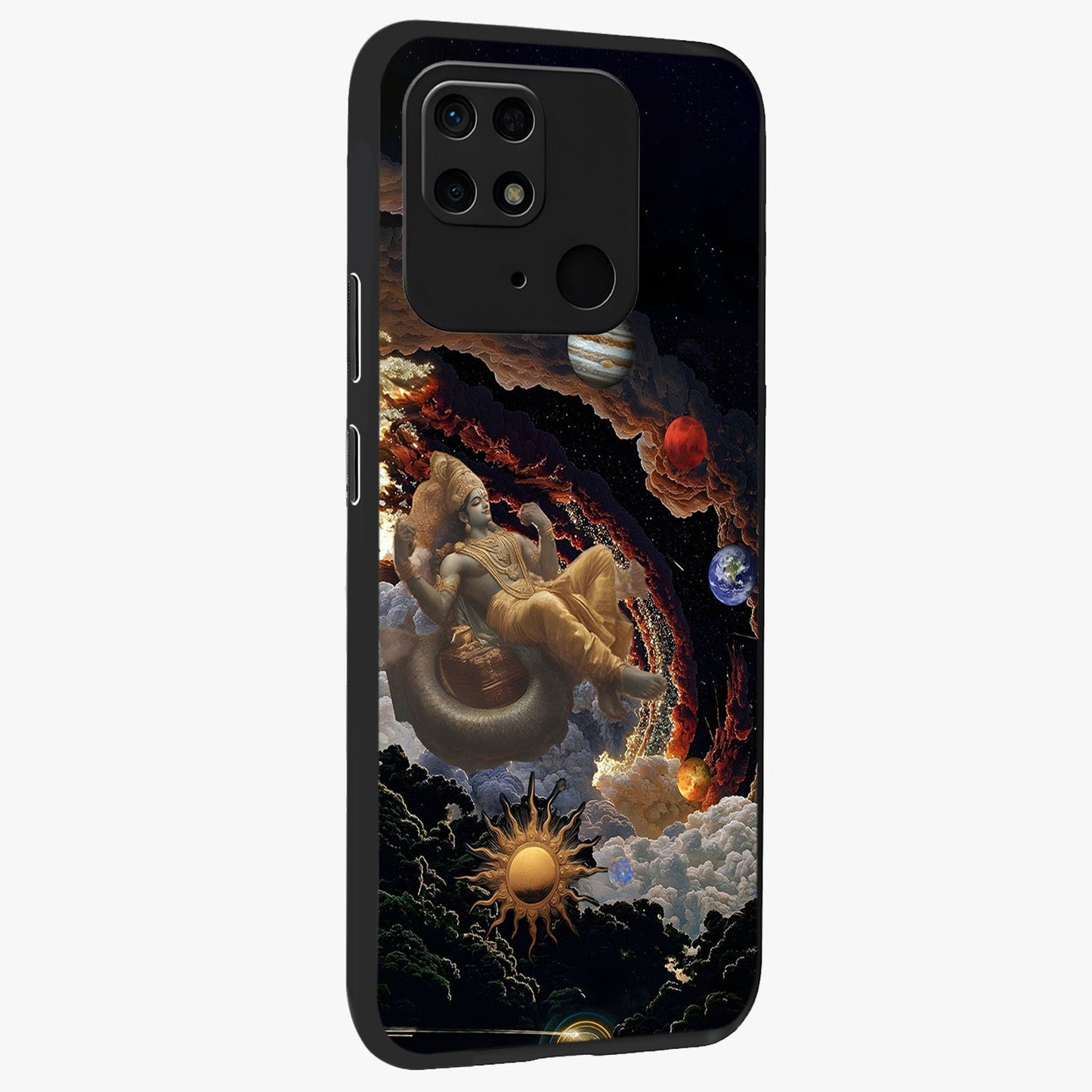 Galactic Divine God Glass Case upright view showcasing mystical divine artwork with dramatic cosmic theme.