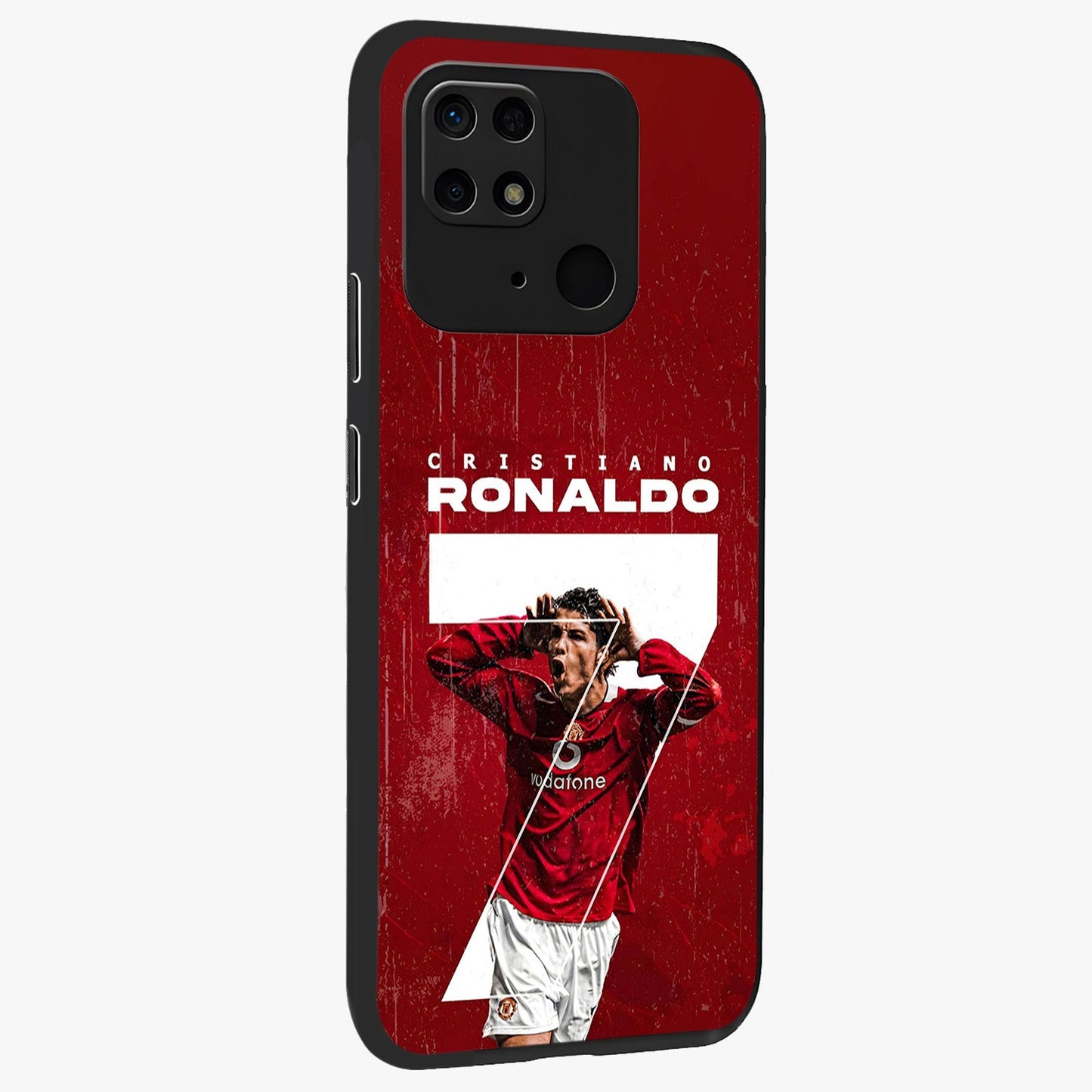 Goal Celebration Legacy Glass Case upright view showcasing dynamic football inspired artwork with victory celebration aesthetic.