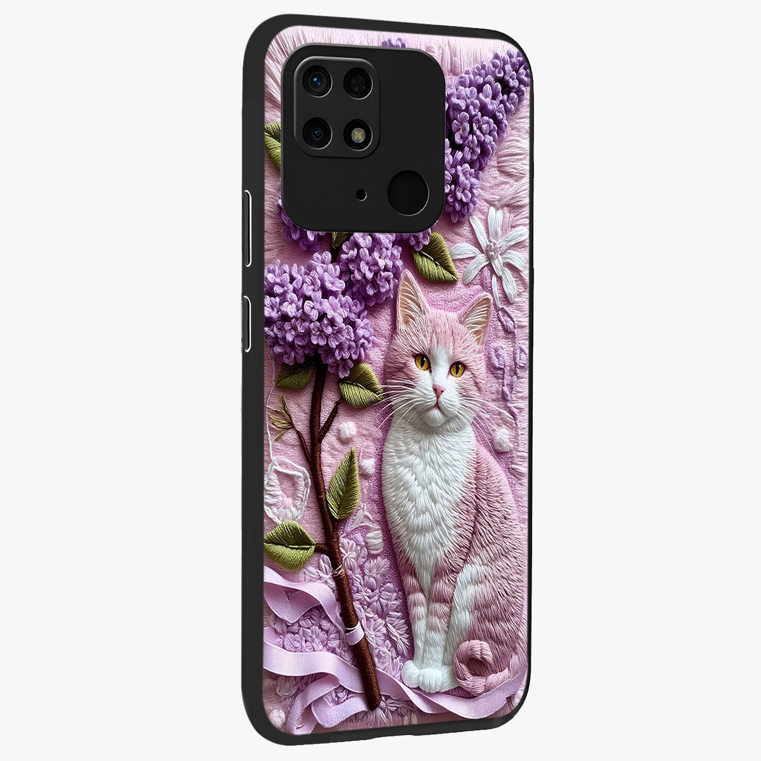 Lavender Cat Whimsy Glass Case upright view showcasing charming cat artwork with whimsical lavender theme.