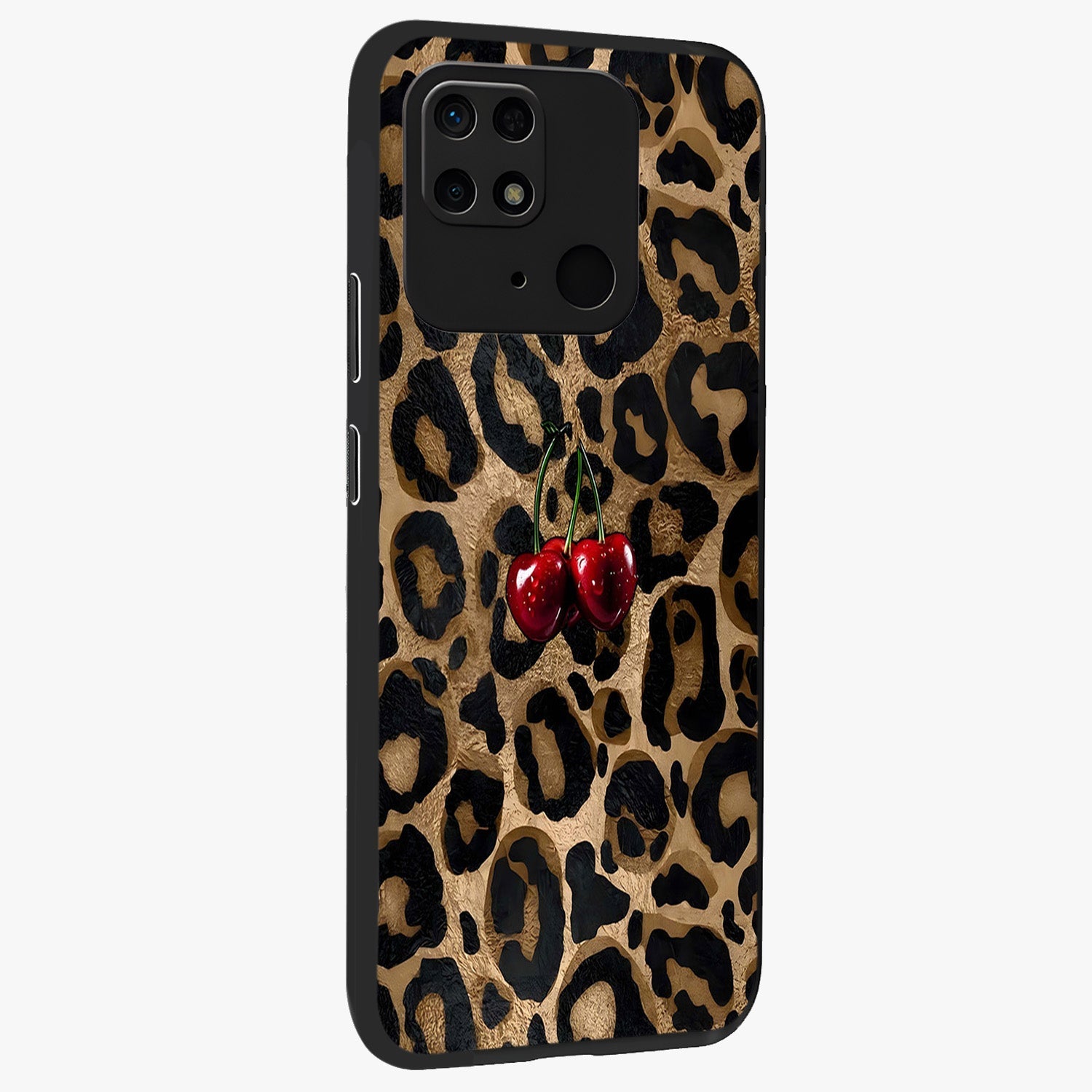 Leopard Wild Cherry Glass Case upright view showcasing stylish leopard pattern artwork with trendy fashion theme.