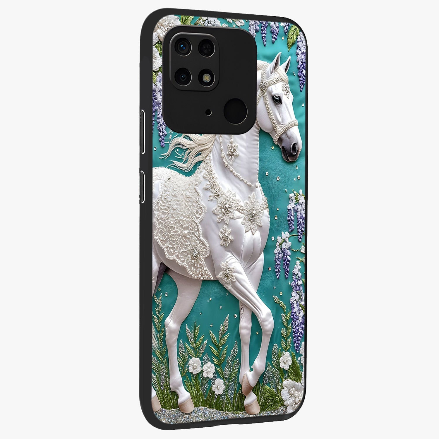 Majestic Floral Stallion Glass Case upright view showcasing dramatic horse artwork with decorative floral theme.