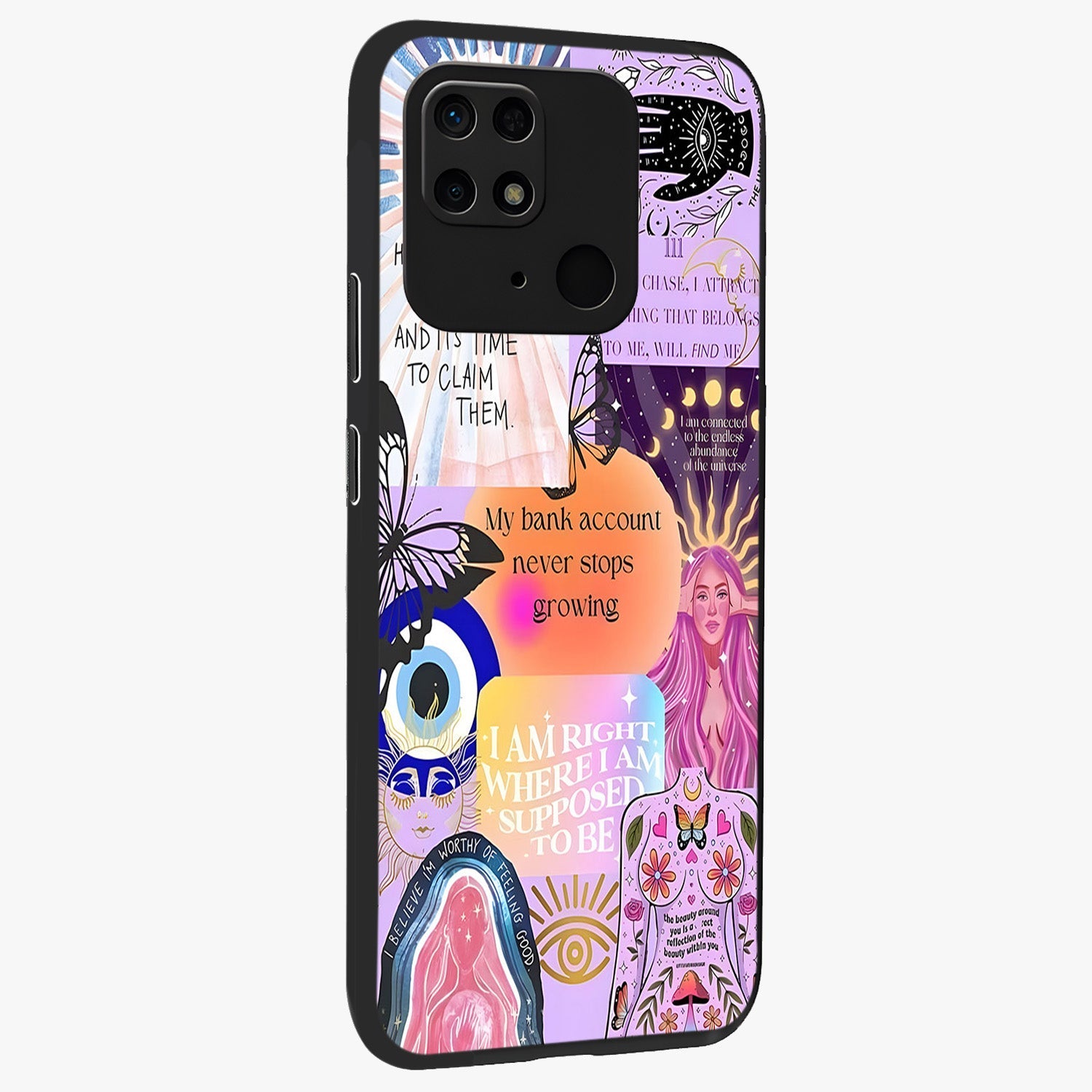 Manifestation Collage Glass Case upright view showcasing artistic manifestation themed artwork with creative style.