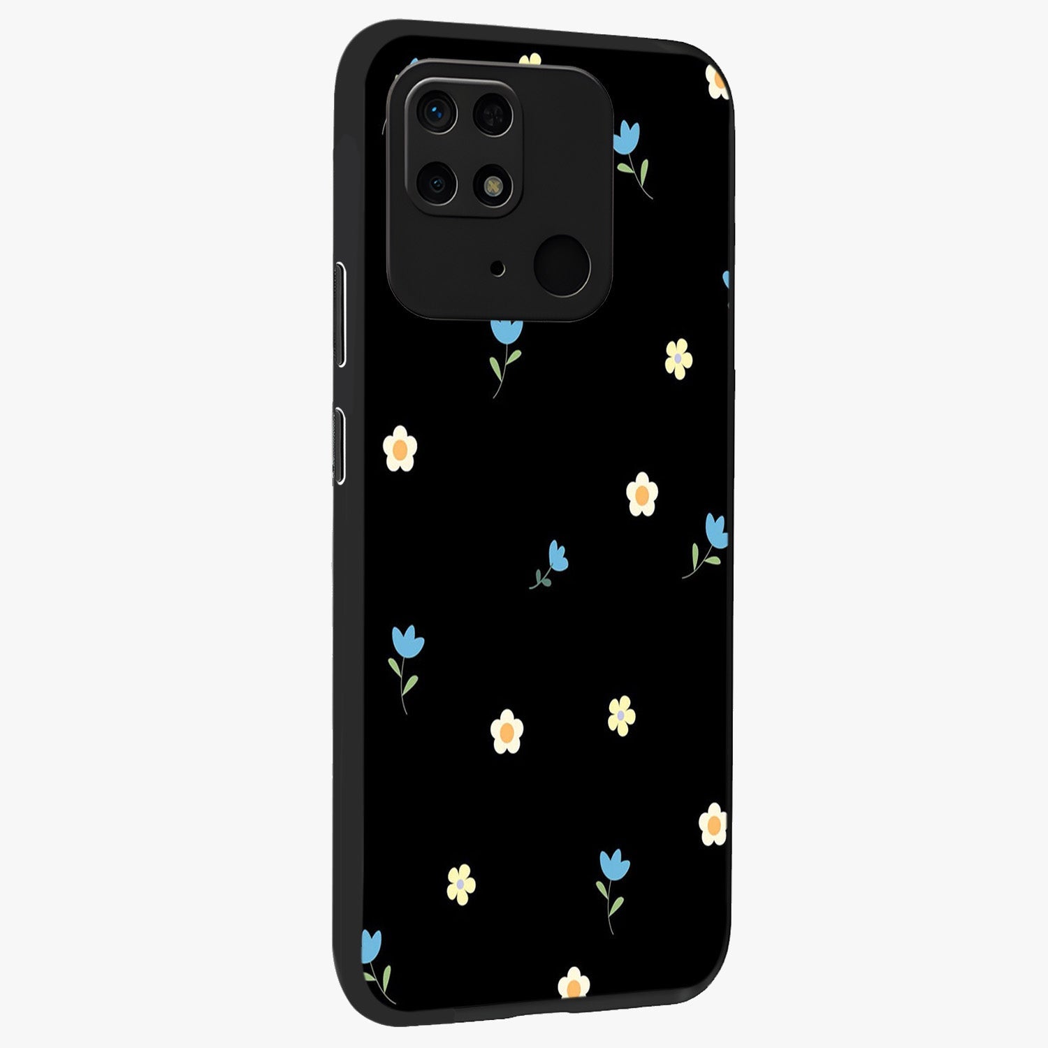 Minimal Petal Whispers Glass Case upright view showcasing elegant floral artwork with modern minimalist style.