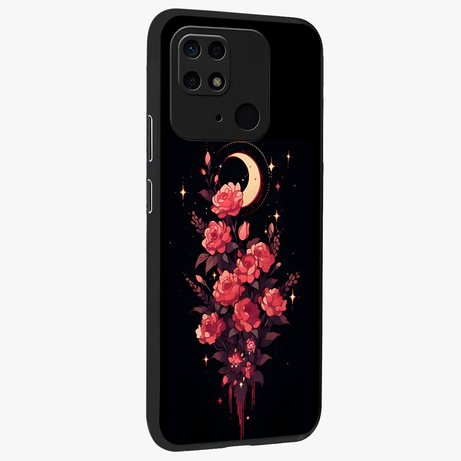 Moonlit Floral Elegance Glass Case upright view showcasing delicate floral artwork with refined night inspired theme.