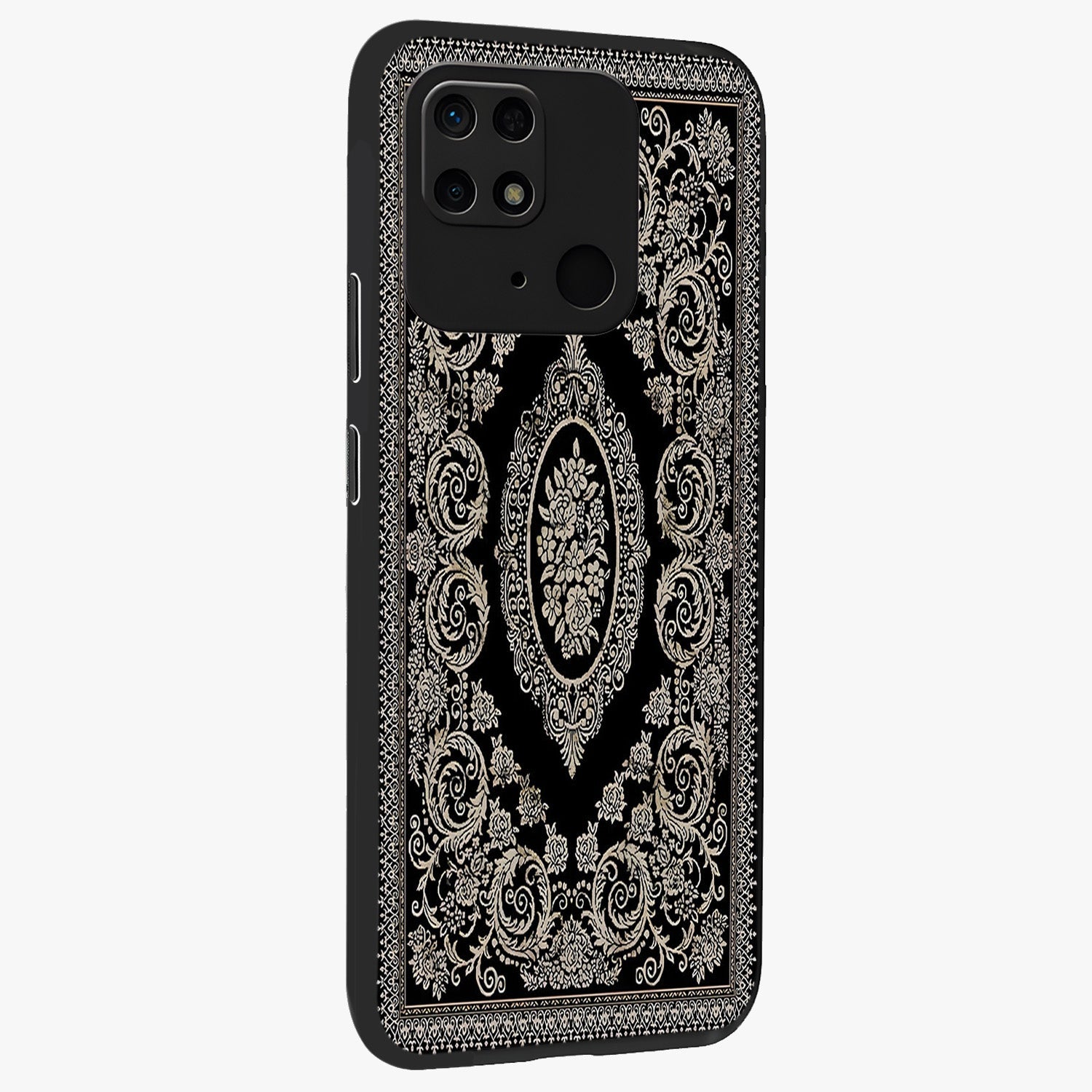 Noir Bloom Elegance Glass Case upright view showcasing graceful floral artwork with luxurious dark theme.