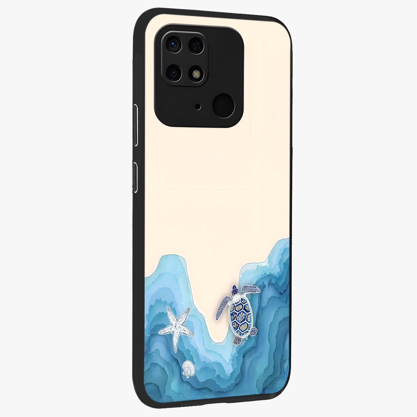 Ocean Drift Turtle Glass Case upright view showcasing calm underwater turtle artwork with nature inspired theme.