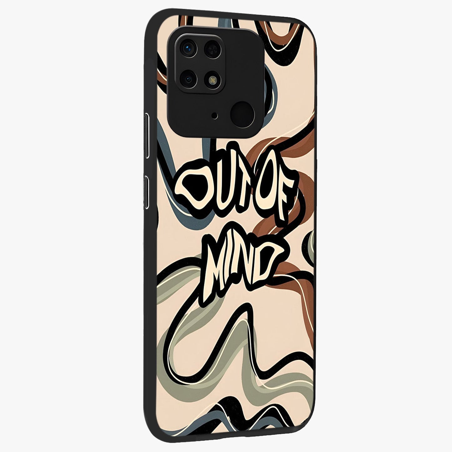 Out Of Mind Glass Case upright view showcasing striking typography artwork with edgy conceptual theme.