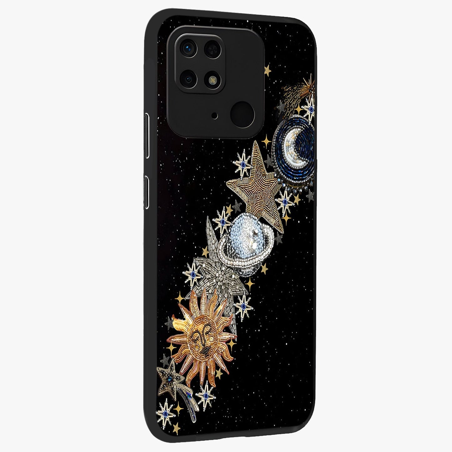 Pearls Universe Object Glass Case upright view showcasing decorative pearl themed artwork with cosmic elegance.