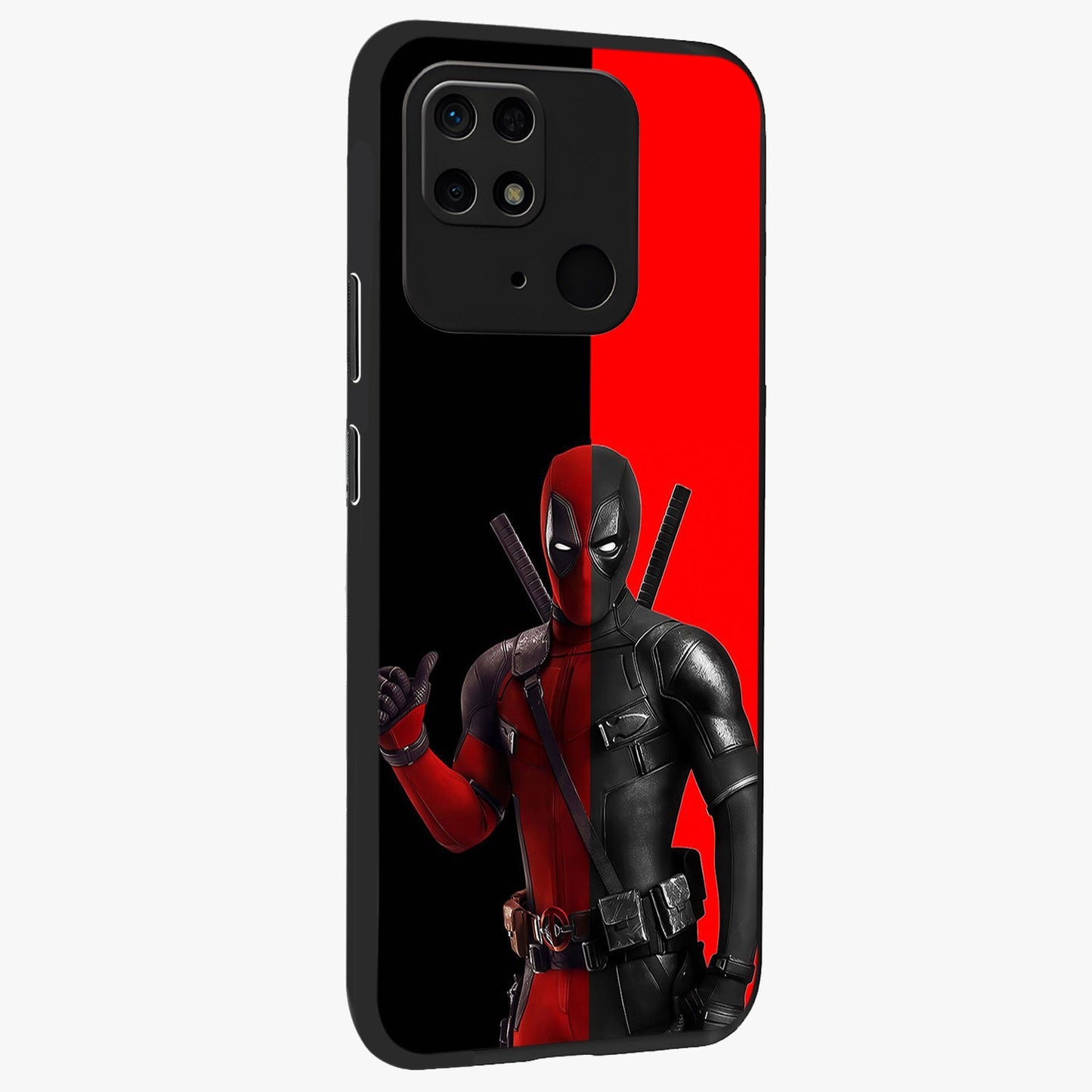 Red & Black Deadpool Theme Glass Case upright view showcasing energetic comic themed artwork with striking red and black design.