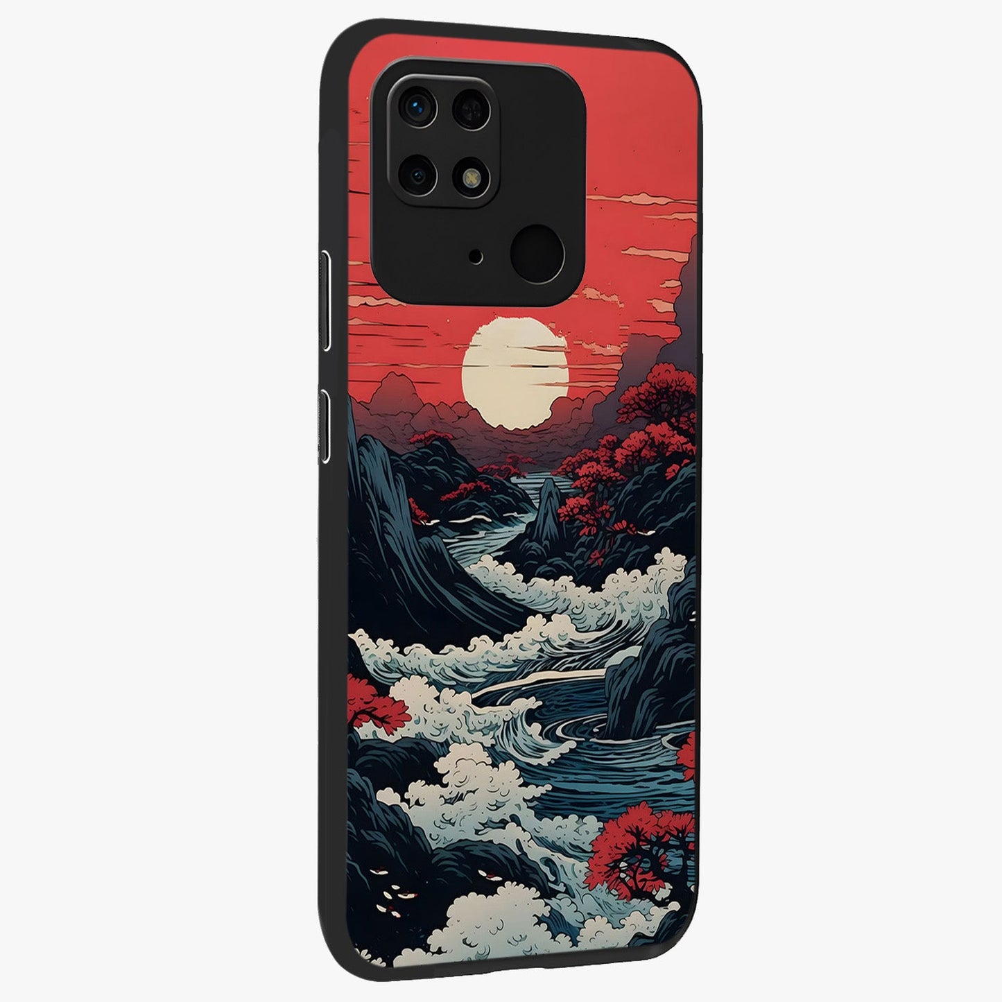Red Sunset Scenery Glass Case upright view showcasing dramatic sunset scenery artwork with warm nature theme.