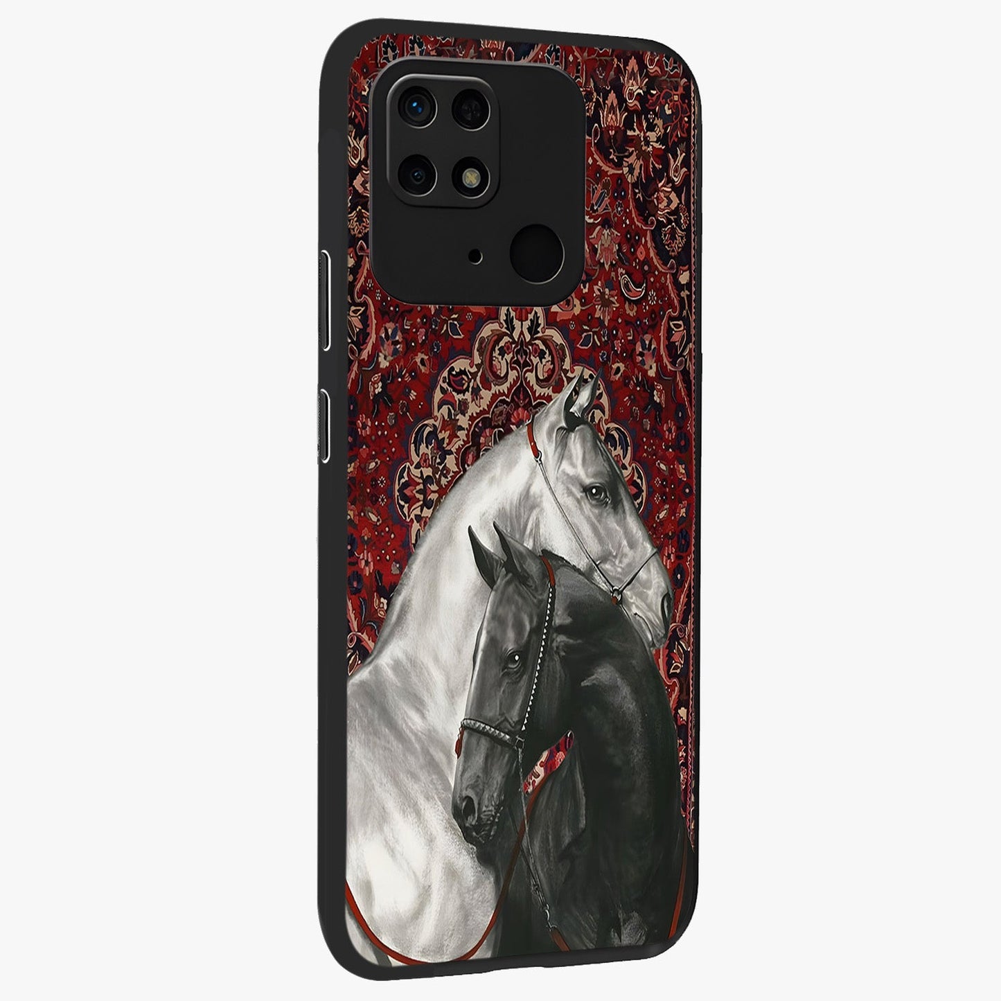 Regal Stallion Tapestry Glass Case upright view showcasing powerful horse artwork with elegant tapestry theme.