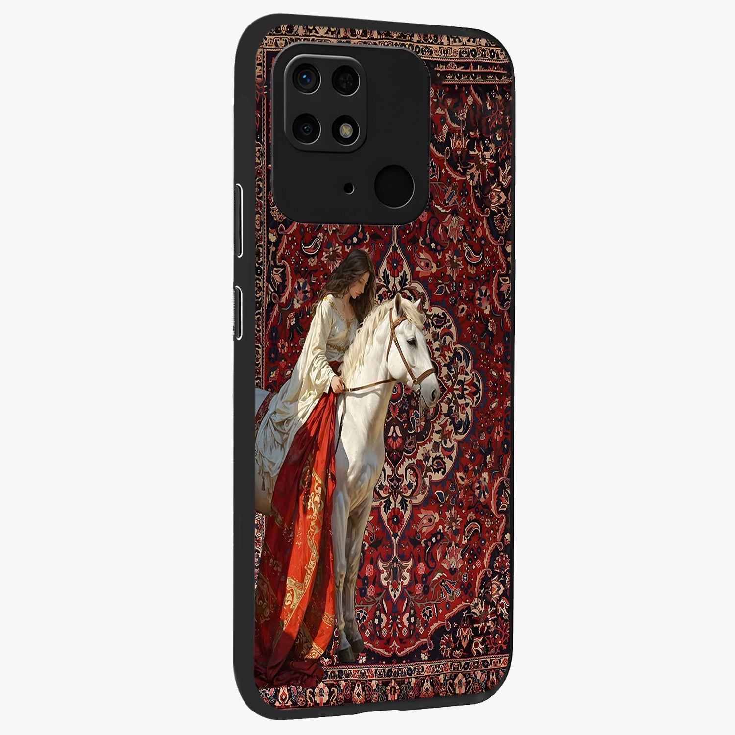 Royal Rider Tapestry Glass Case upright view showcasing detailed rider artwork with classic tapestry theme.