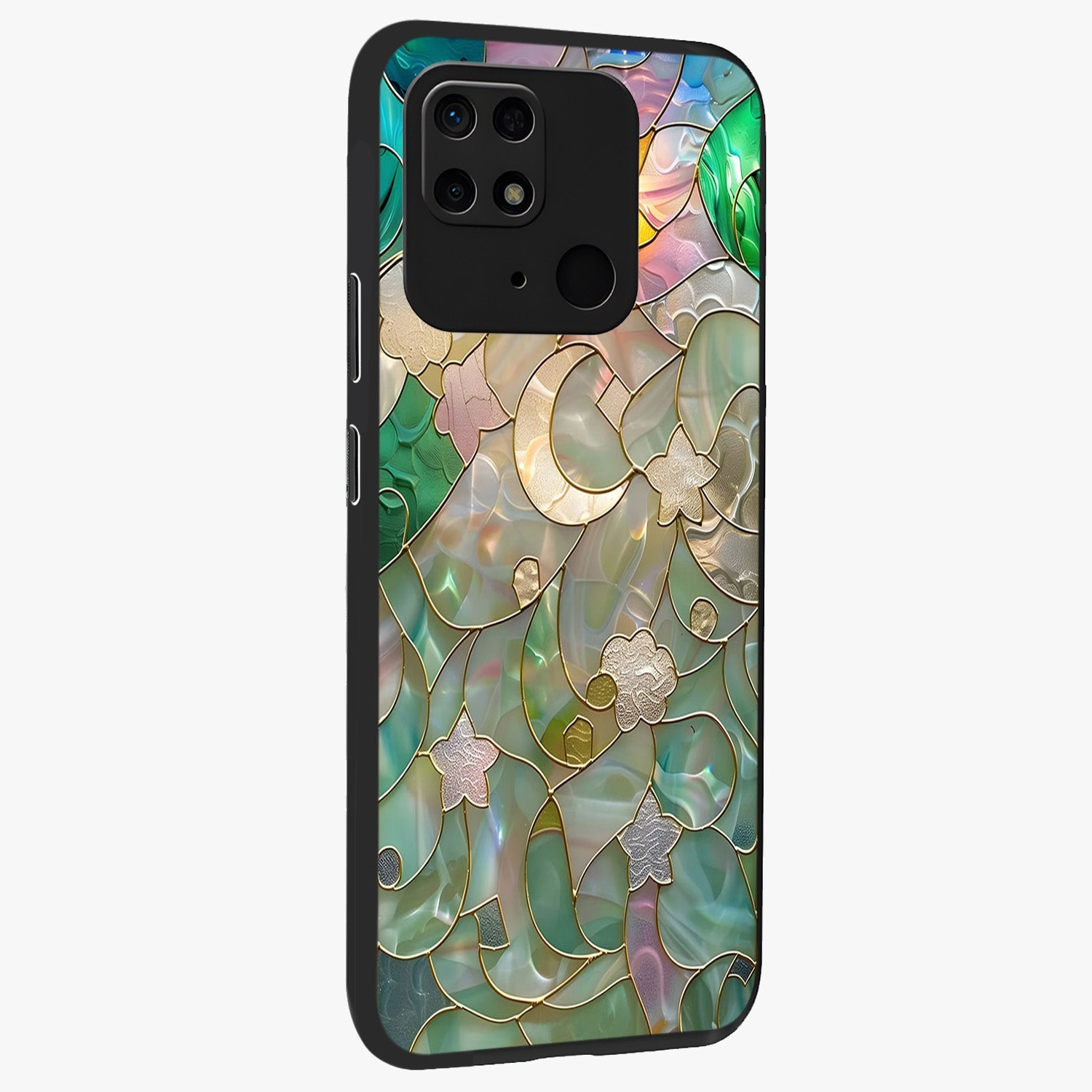 Stained Sunrise Glow Glass Case upright view showcasing colorful sunrise artwork with warm morning theme.