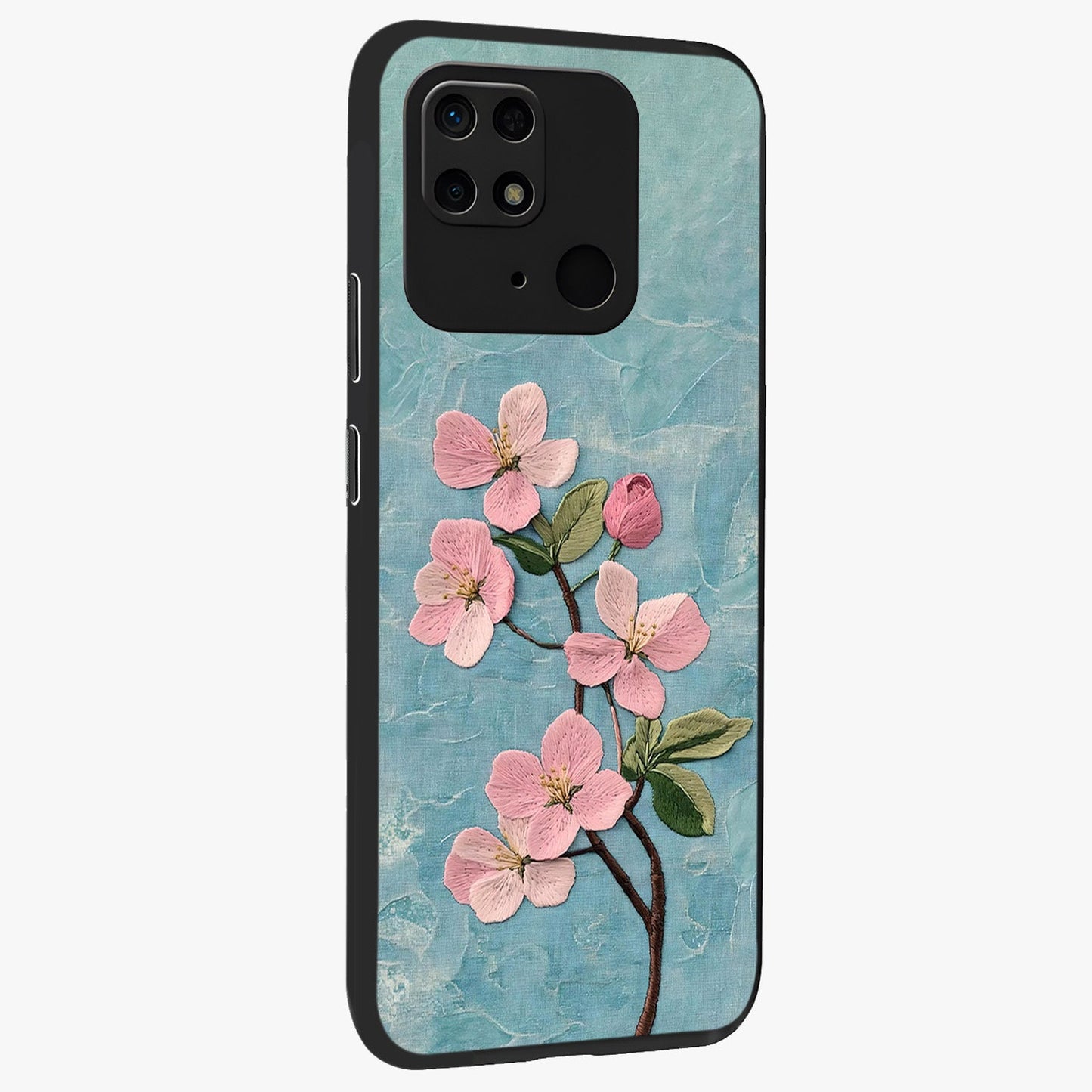 Threaded Blossom Breeze Glass Case upright view showcasing graceful flower artwork with calm botanical theme.