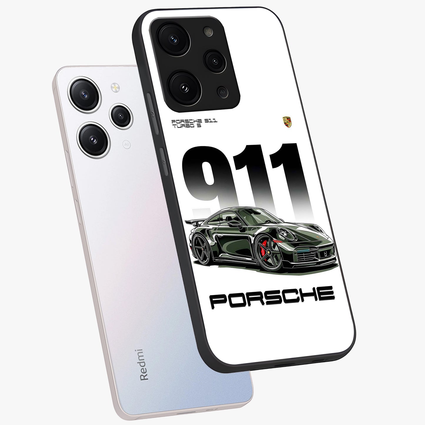 911 Turbo Dominance Glass Case displayed in premium angled mockup highlighting sporty car illustration and sleek glass surface.