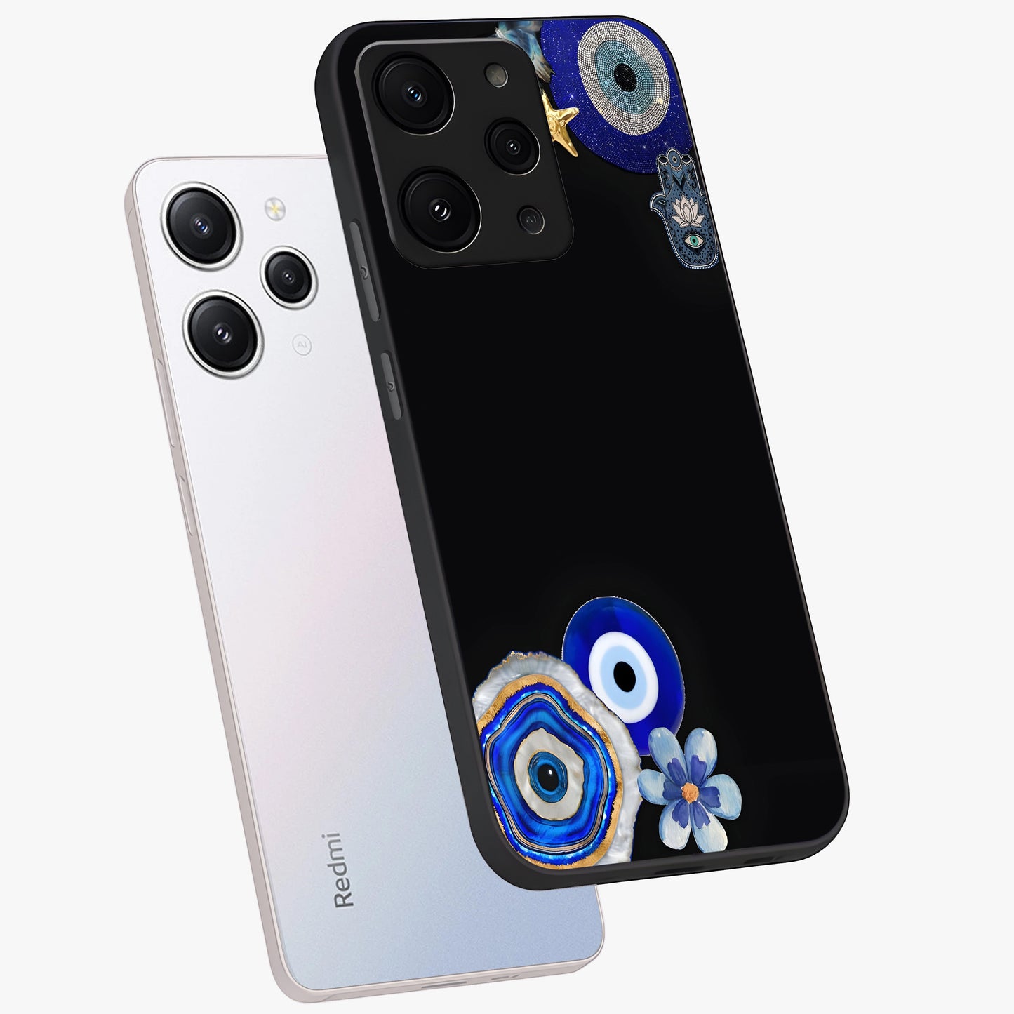 Aesthetic Blue Evil Eye Glass Case displayed in angled mockup highlighting blue evil eye symbol and spiritual aesthetic design.