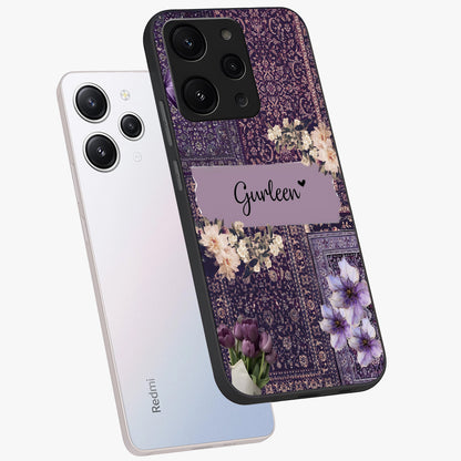 Antique Floral Whisper Custom Name Glass Case displayed in angled mockup highlighting elegant antique floral aesthetic.