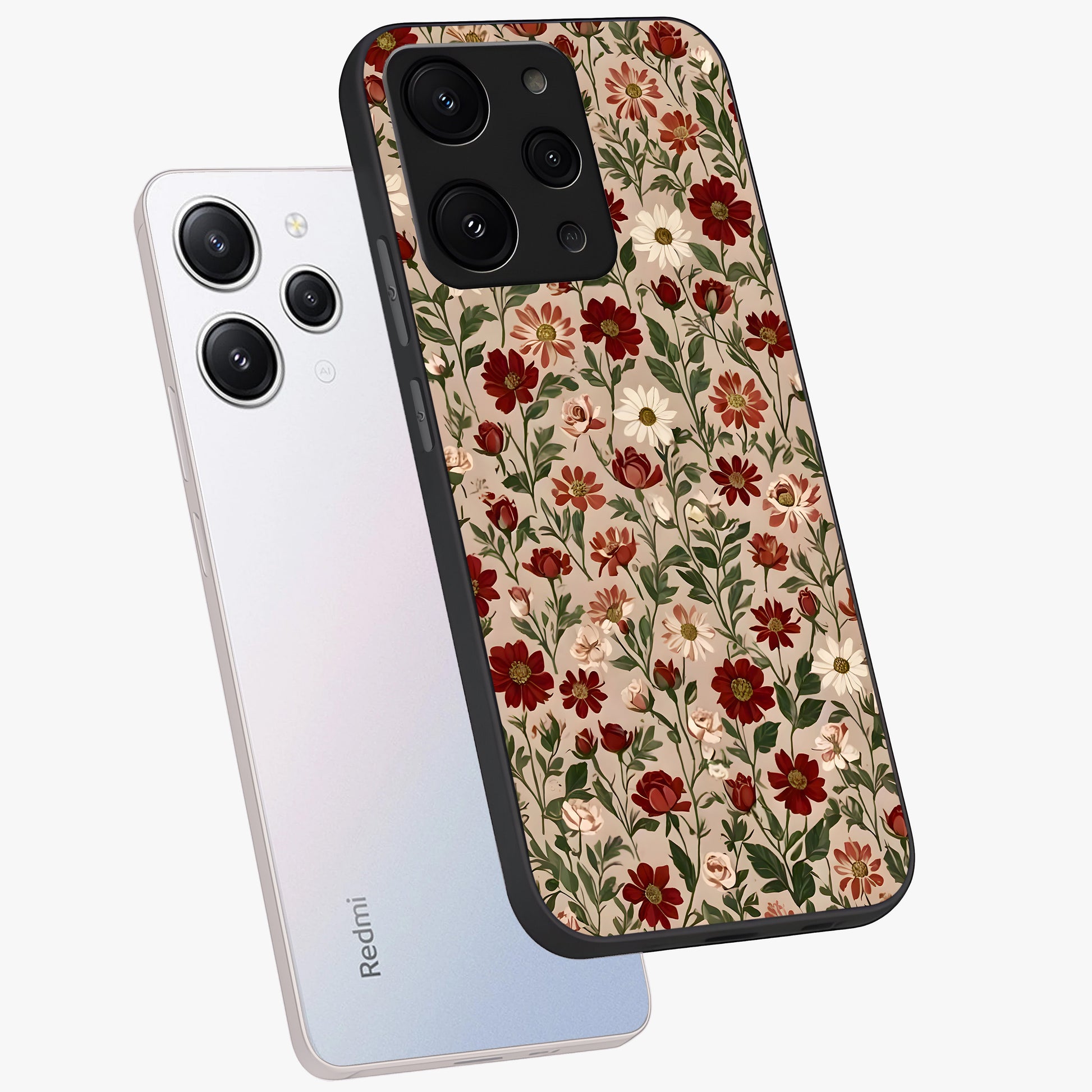 Biege Flower With Leaf Glass Case displayed in angled mockup highlighting minimal floral leaf design and elegant aesthetic.