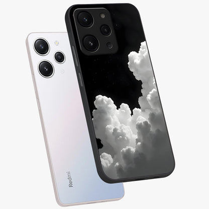 Black Background With White Cloud Glass Case displayed in angled mockup highlighting soft white cloud illustration and minimal design.