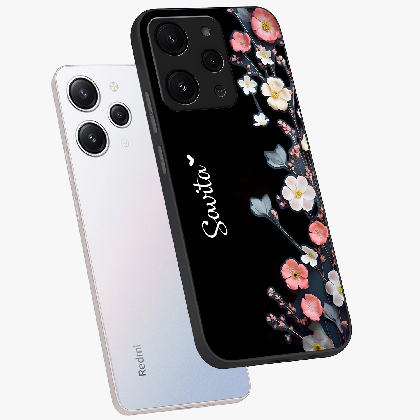 Black Elegance Floral Custom Name Glass Case displayed in angled mockup highlighting dark floral aesthetic and custom name feature.