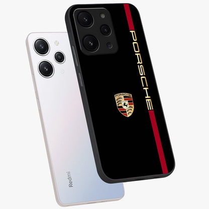 Black Minimal Porsche Glass Case displayed in angled mockup highlighting modern minimal car illustration and clean aesthetic design.