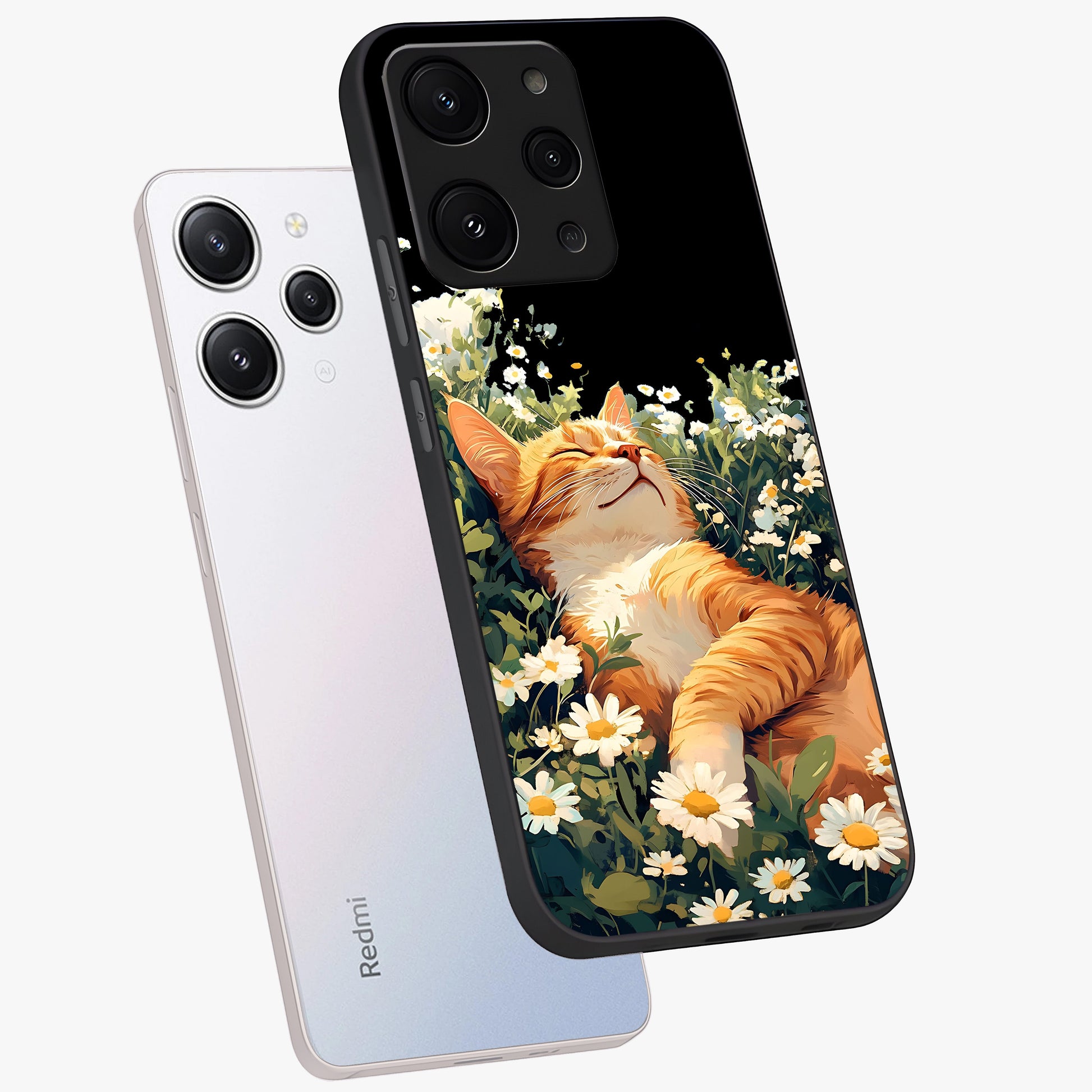 Blissful Bloom Cat Glass Case displayed in angled mockup highlighting playful feline illustration with soft floral aesthetic.